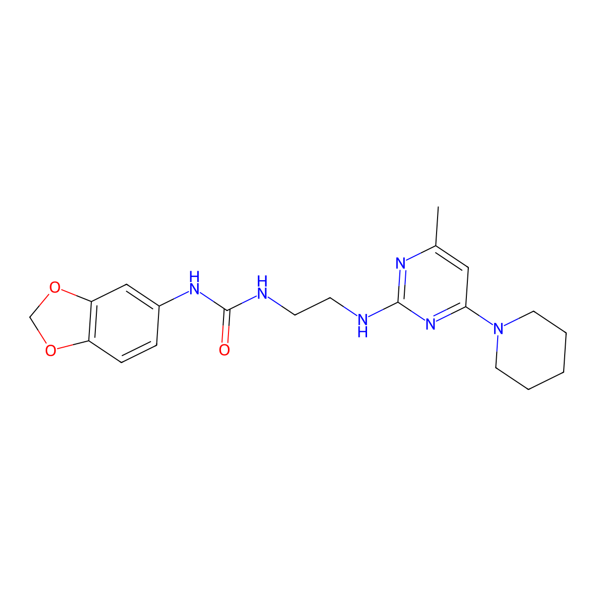 1-(Benzo[d][1,3]dioxol-5-yl)-3-(2-((4-methyl-6-(piperidin-1-yl)pyrimidin-2-yl)amino)ethyl)urea molecular structure, CAS 1203178-49-7