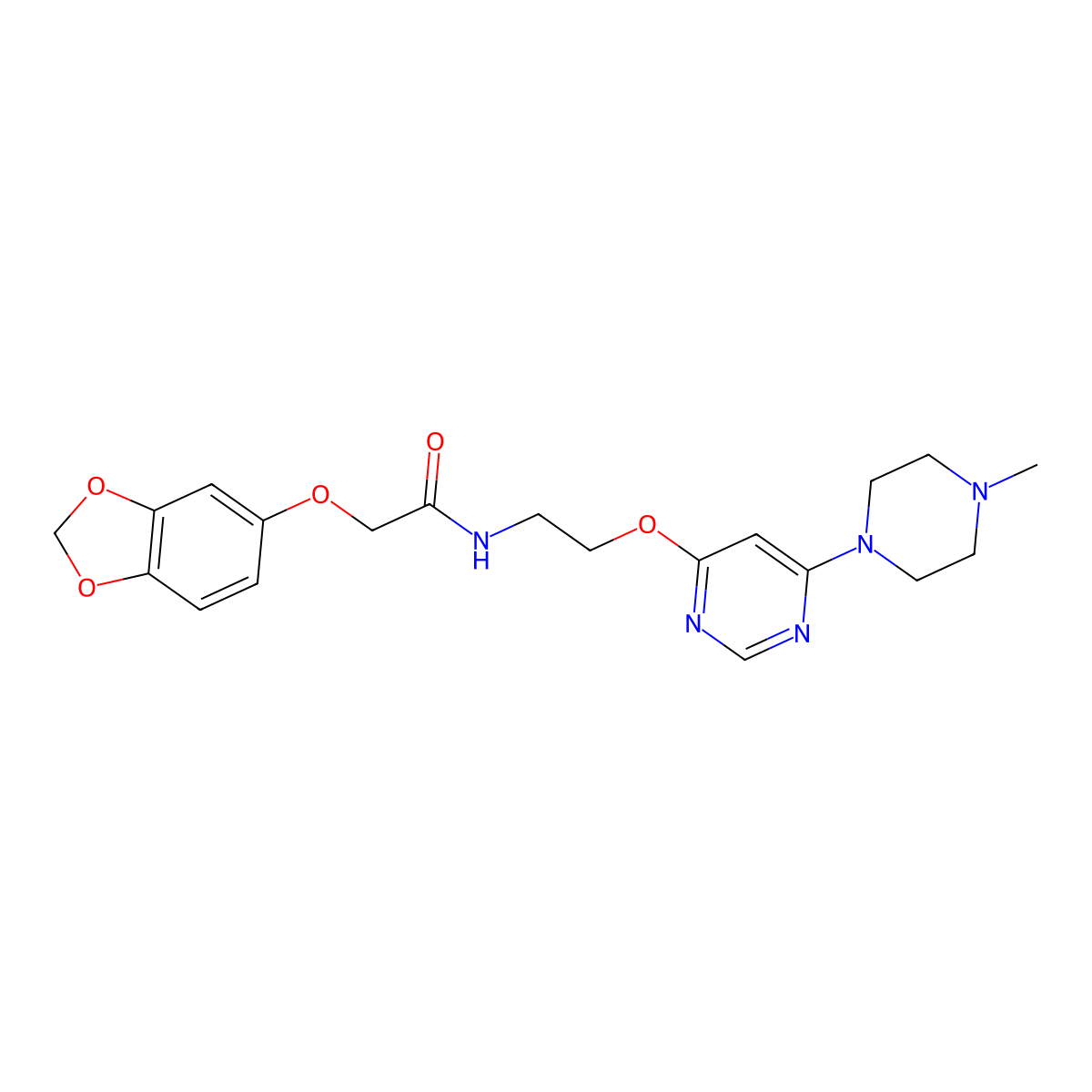 2-(benzo[d][1,3]dioxol-5-yloxy)-N-(2-((6-(4-methylpiperazin-1-yl)pyrimidin-4-yl)oxy)ethyl)acetamide molecular structure, CAS 1203178-81-7