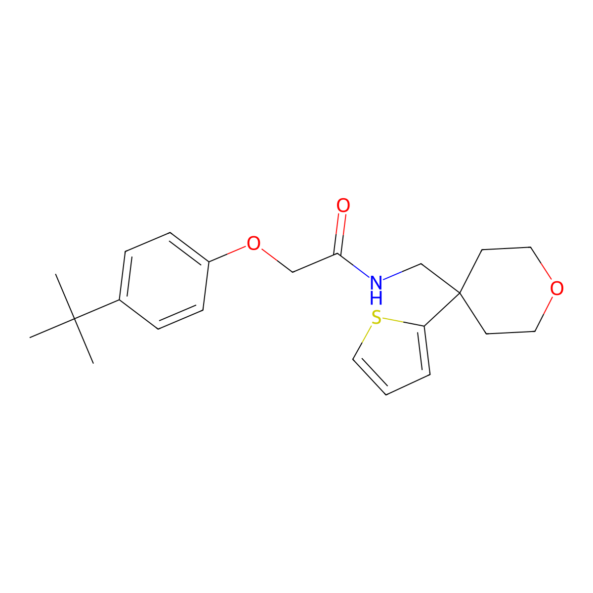 2-(4-(tert-butyl)phenoxy)-N-((4-(thiophen-2-yl)tetrahydro-2H-pyran-4-yl)methyl)acetamide molecular structure, CAS 1203180-51-1