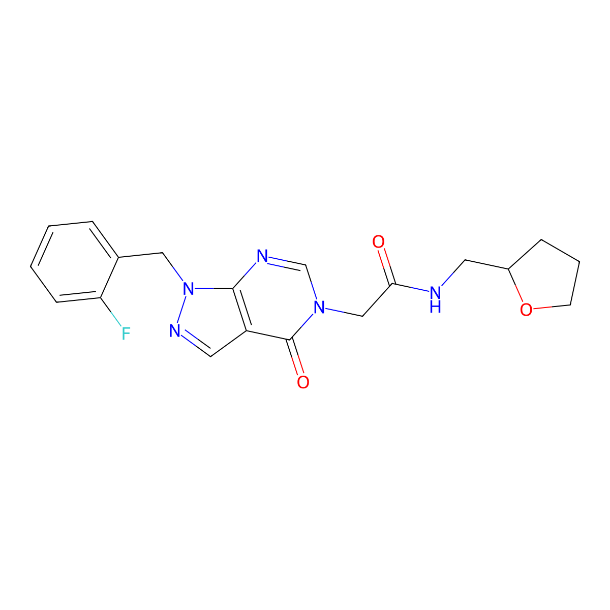2-(1-(2-fluorobenzyl)-4-oxo-1H-pyrazolo[3,4-d]pyrimidin-5(4H)-yl)-N-((tetrahydrofuran-2-yl)methyl)acetamide molecular structure, CAS 1203180-67-9