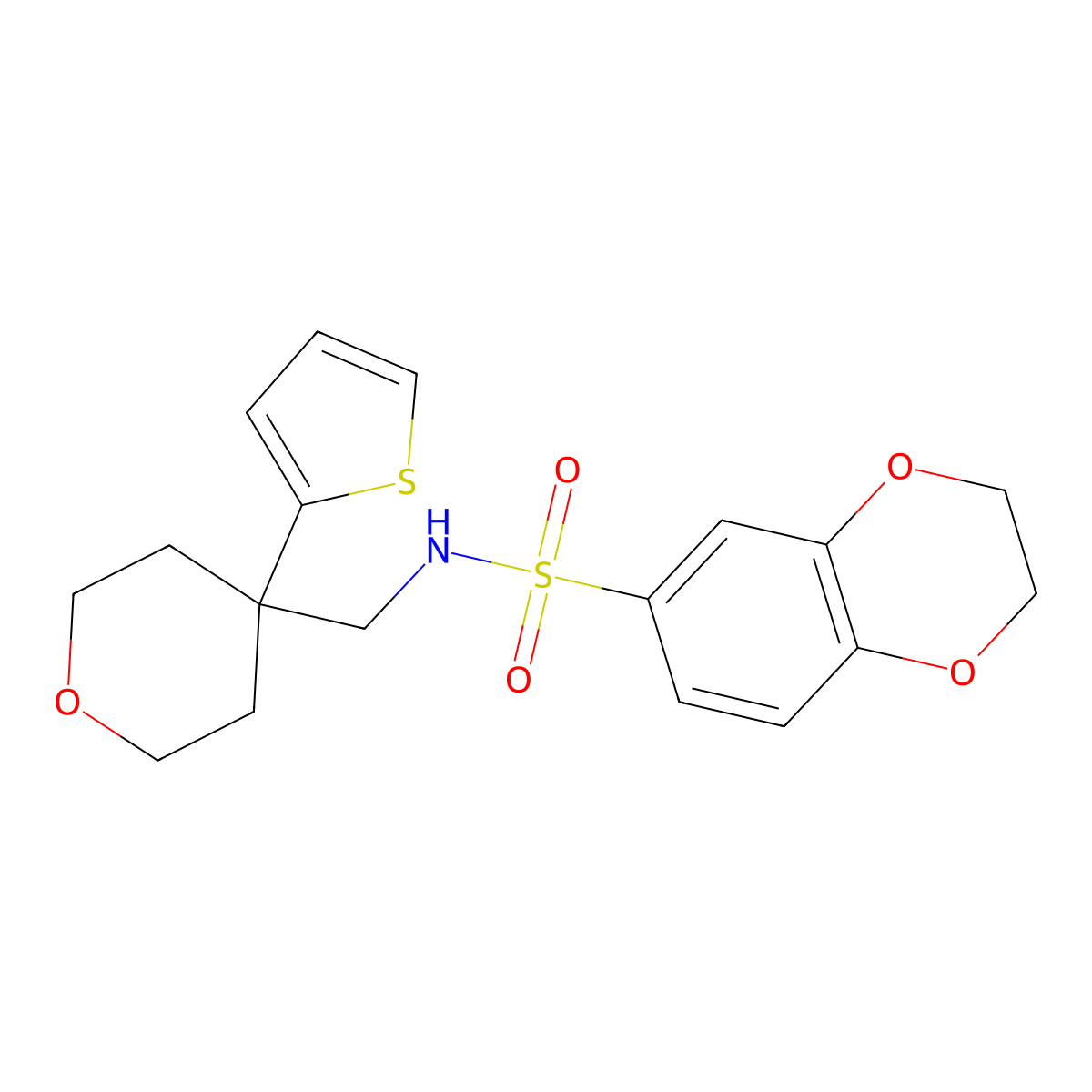 N-((4-(thiophen-2-yl)tetrahydro-2H-pyran-4-yl)methyl)-2,3-dihydrobenzo[b][1,4]dioxine-6-sulfonamide molecular structure, CAS 1203181-04-7