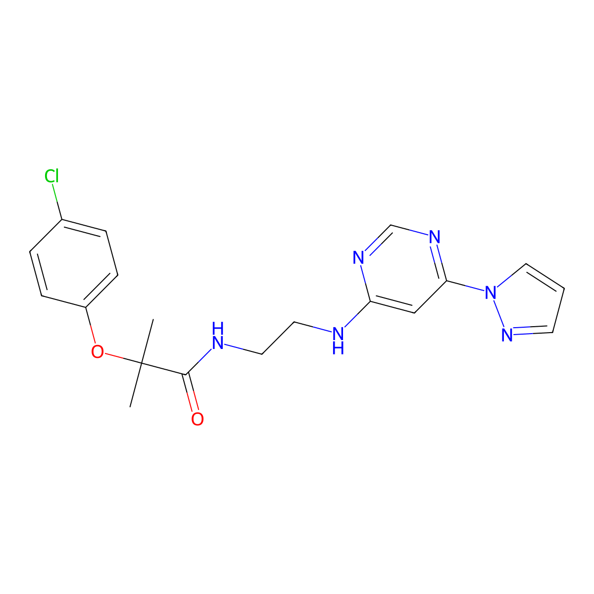 N-(2-((6-(1H-pyrazol-1-yl)pyrimidin-4-yl)amino)ethyl)-2-(4-chlorophenoxy)-2-methylpropanamide molecular structure, CAS 1203181-22-9