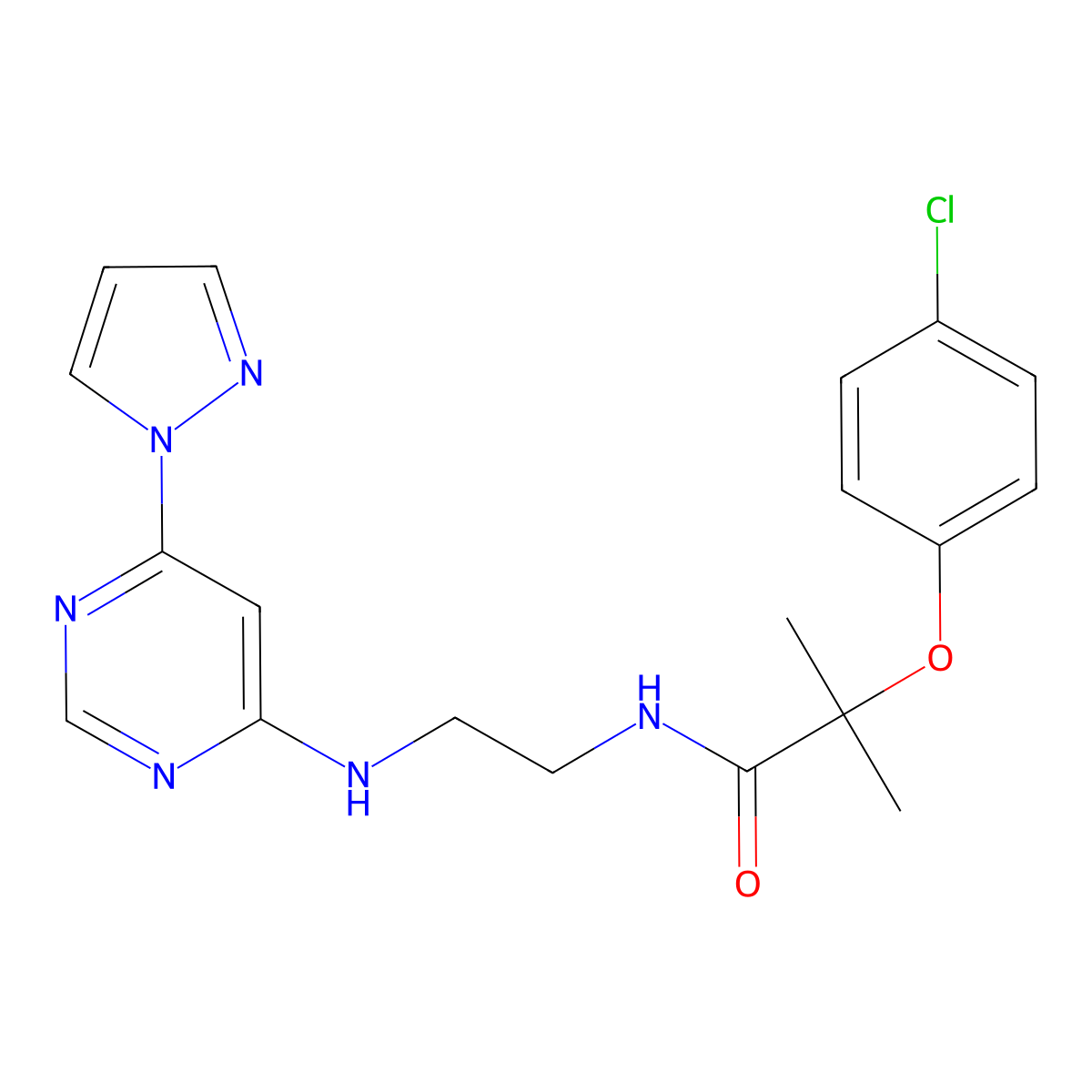 N-(2-((6-(1H-pyrazol-1-yl)pyrimidin-4-yl)amino)ethyl)-2-(4-chlorophenoxy)-2-methylpropanamide molecular structure, CAS 1203181-22-9