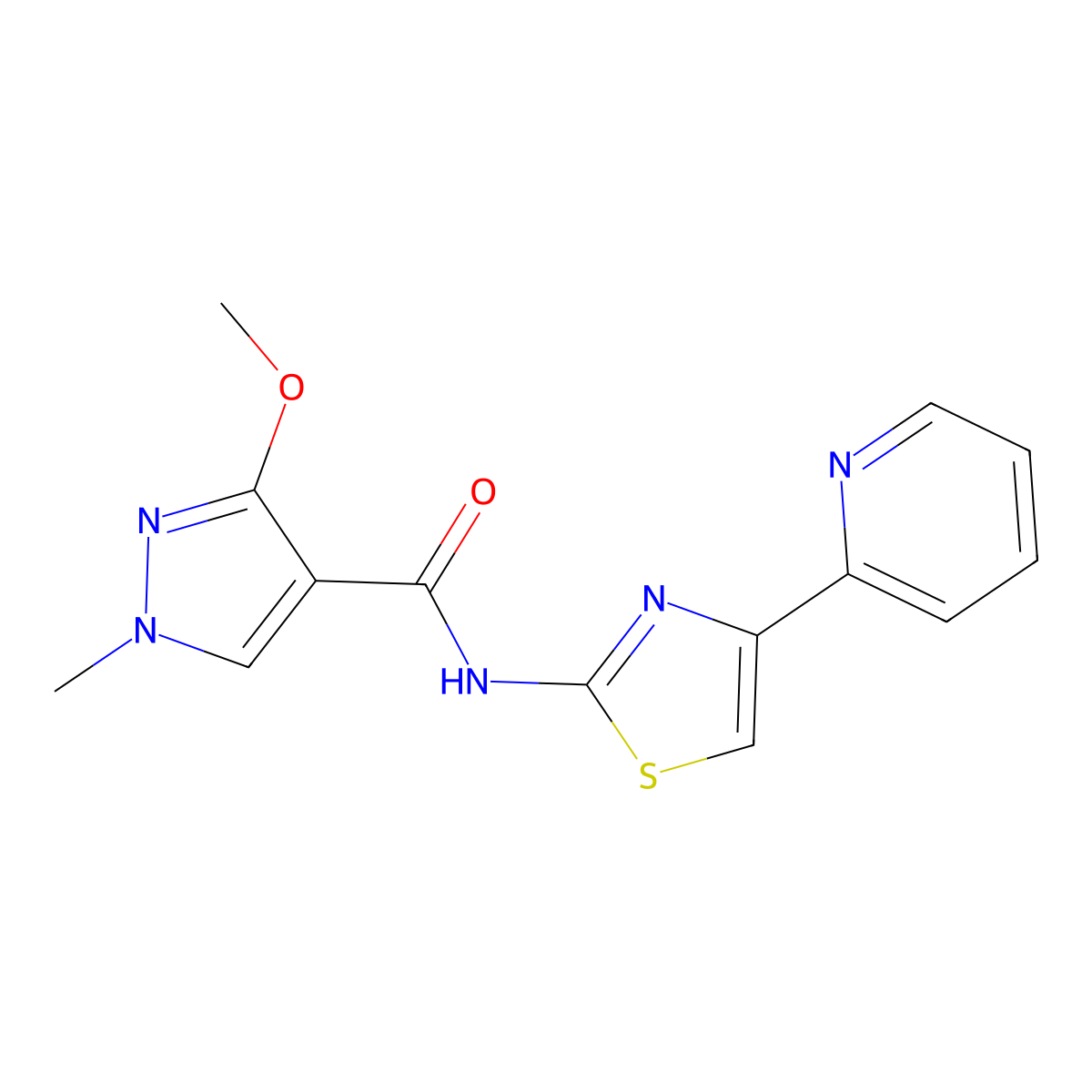 3-methoxy-1-methyl-N-(4-(pyridin-2-yl)thiazol-2-yl)-1H-pyrazole-4-carboxamide molecular structure, CAS 1203182-69-7