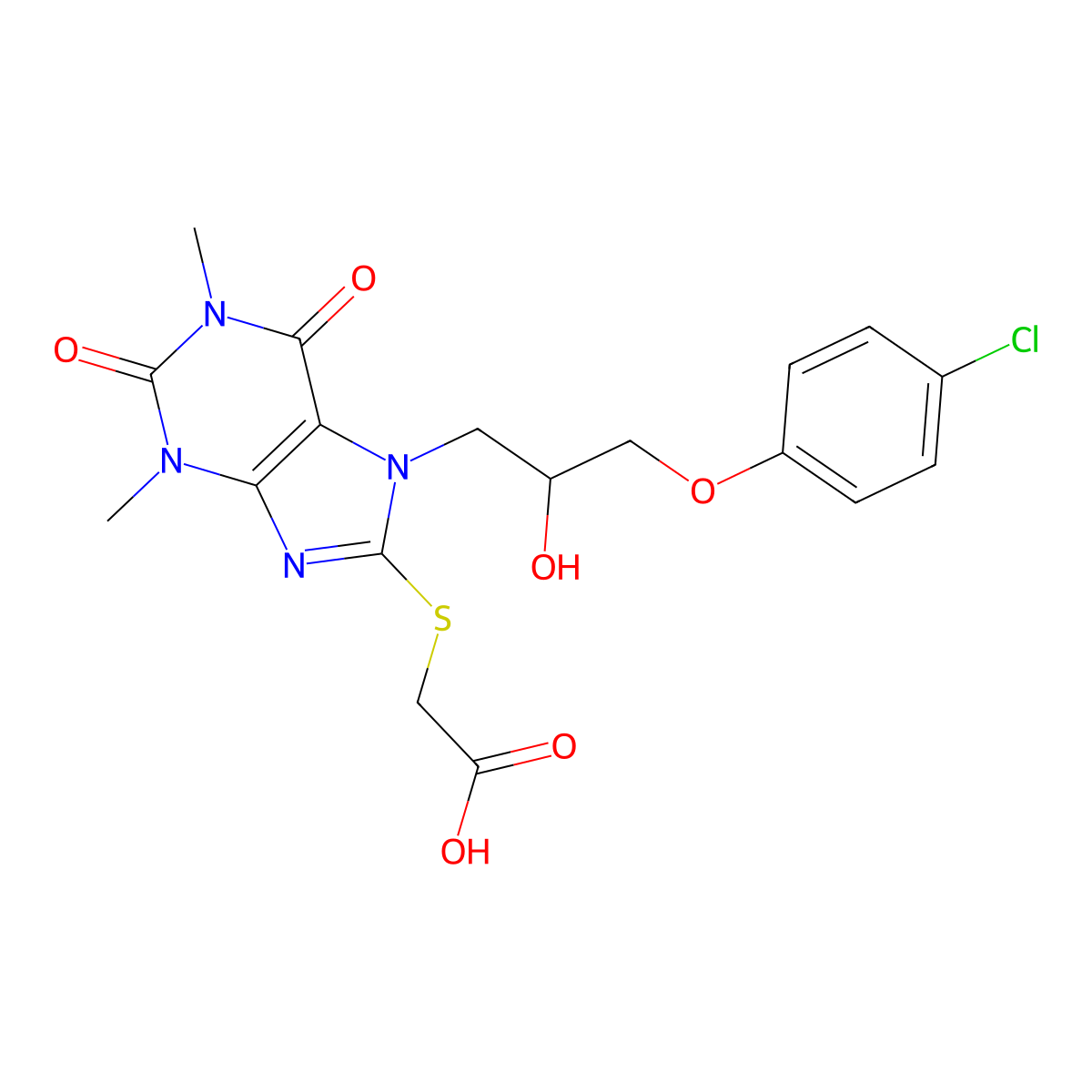 2-((7-(3-(4-chlorophenoxy)-2-hydroxypropyl)-1,3-dimethyl-2,6-dioxo-2,3,6,7-tetrahydro-1H-purin-8-yl)thio)acetic acid molecular structure, CAS 1203185-35-6