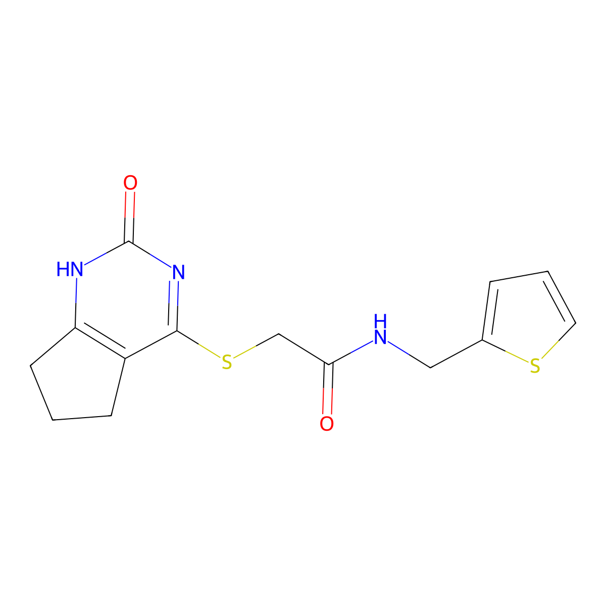 2-((2-oxo-2,5,6,7-tetrahydro-1H-cyclopenta[d]pyrimidin-4-yl)thio)-N-(thiophen-2-ylmethyl)acetamide molecular structure, CAS 1203186-14-4