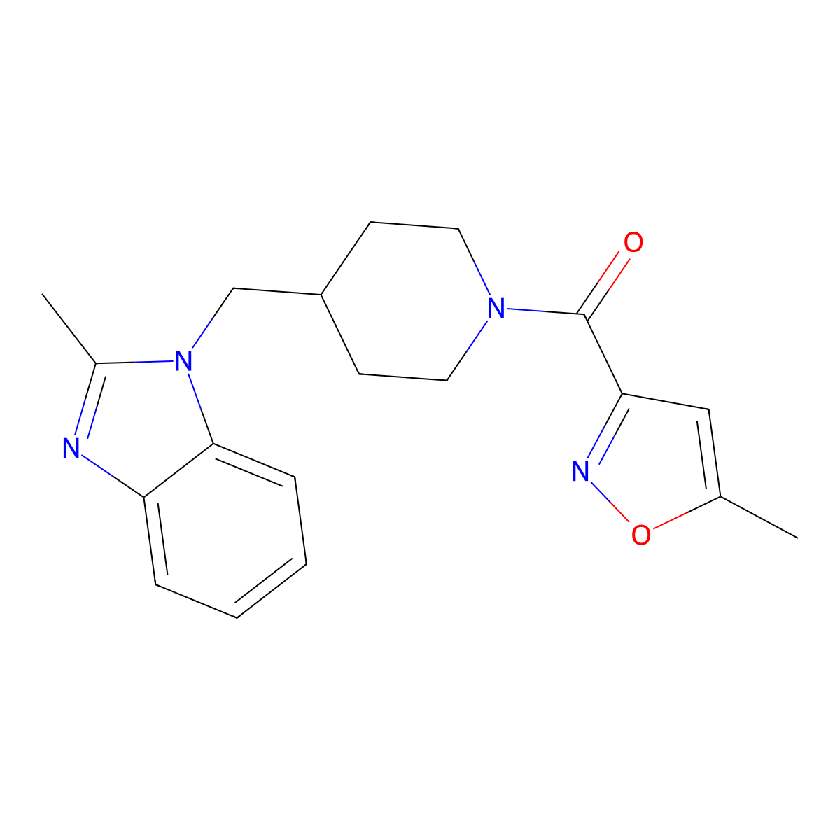 (4-((2-methyl-1H-benzo[d]imidazol-1-yl)methyl)piperidin-1-yl)(5-methylisoxazol-3-yl)methanone molecular structure, CAS 1203186-68-8