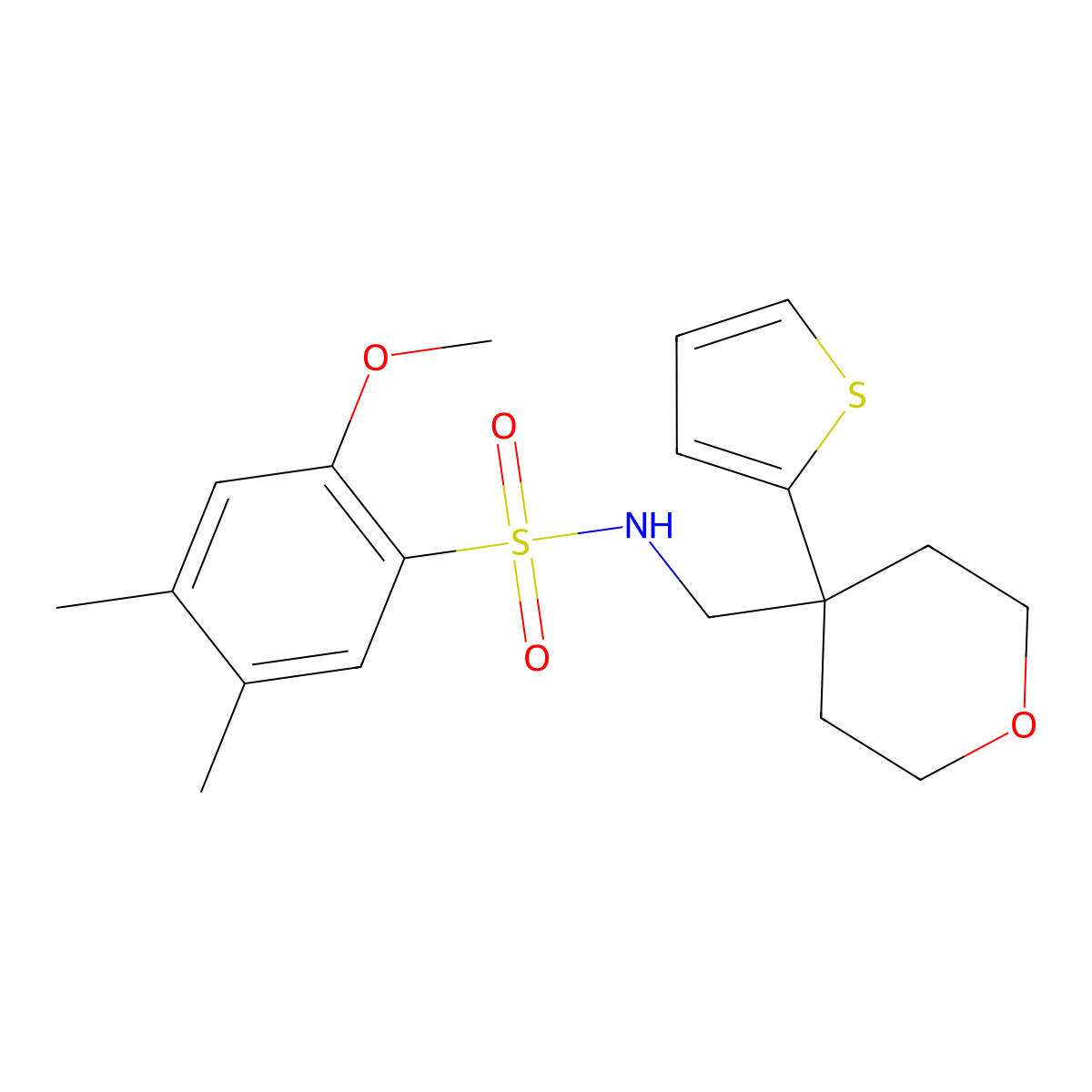 2-methoxy-4,5-dimethyl-N-((4-(thiophen-2-yl)tetrahydro-2H-pyran-4-yl)methyl)benzenesulfonamide molecular structure, CAS 1203186-73-5