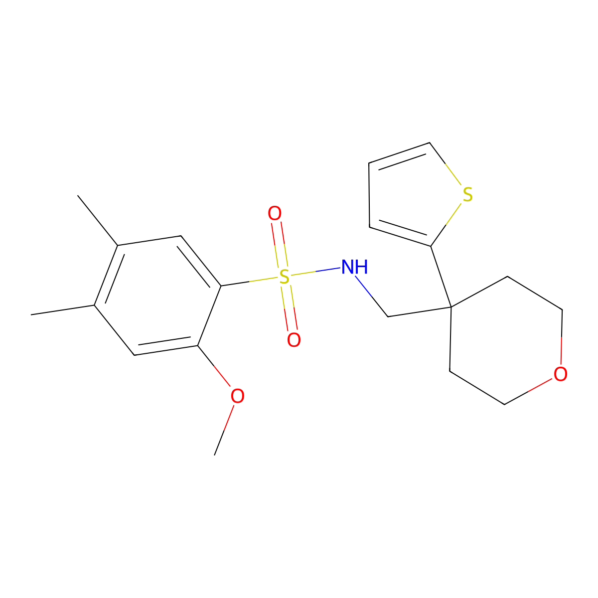 2-methoxy-4,5-dimethyl-N-((4-(thiophen-2-yl)tetrahydro-2H-pyran-4-yl)methyl)benzenesulfonamide molecular structure, CAS 1203186-73-5