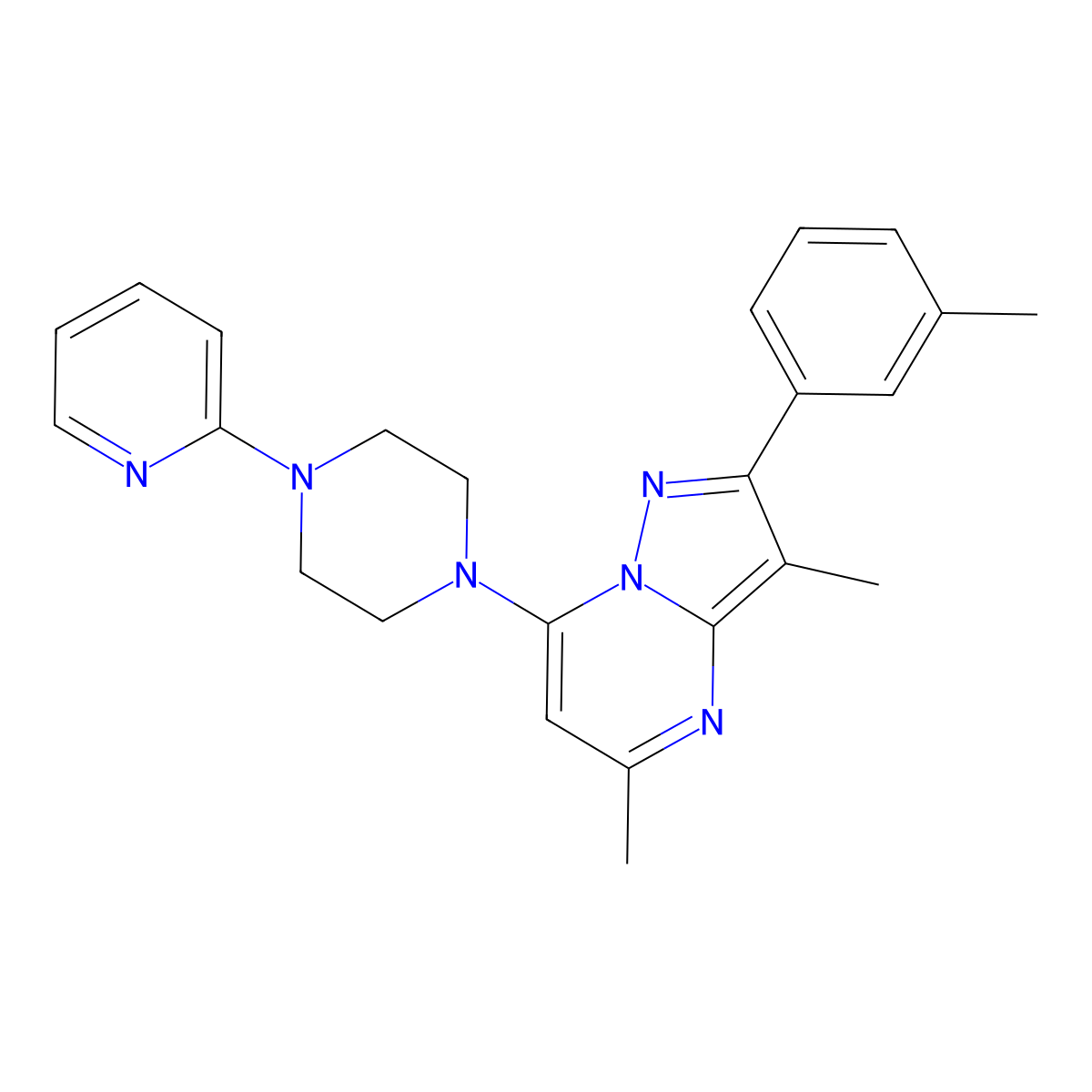 3,5-Dimethyl-2-(3-methylphenyl)-7-(4-pyridin-2-ylpiperazin-1-yl)pyrazolo[1,5-a]pyrimidine molecular structure, CAS 1203186-93-9