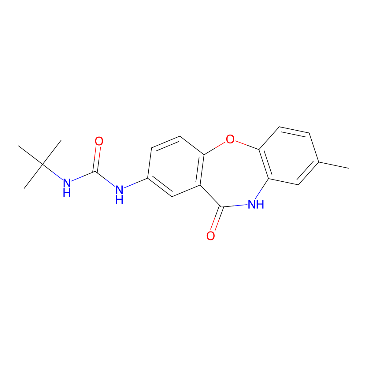 3-Tert-butyl-1-{6-methyl-10-oxo-2-oxa-9-azatricyclo[9.4.0.0^{3,8}]pentadeca-1(11),3(8),4,6,12,14-hexaen-13-yl}urea molecular structure, CAS 1203187-79-4