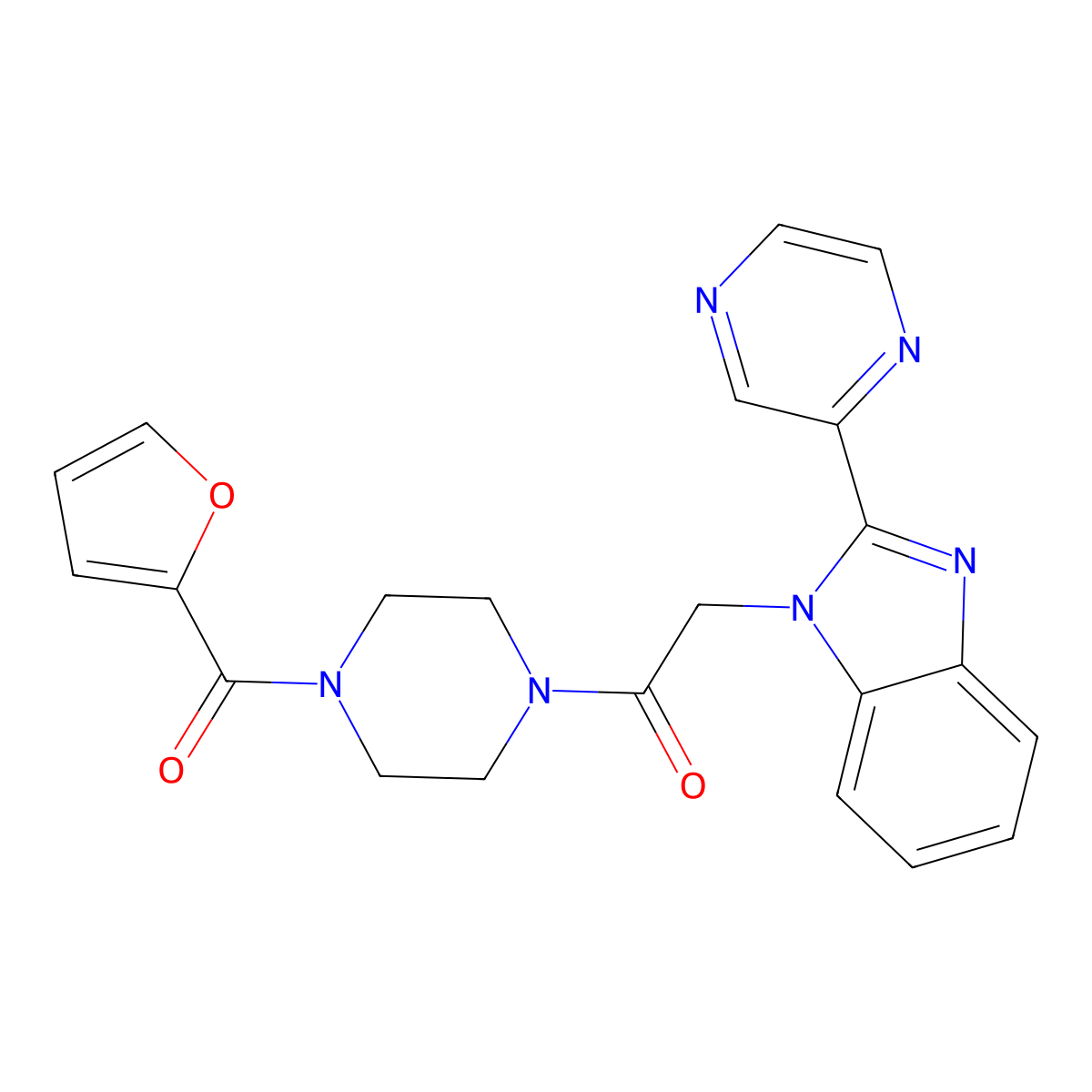 1-[4-(furan-2-carbonyl)piperazin-1-yl]-2-[2-(pyrazin-2-yl)-1H-1,3-benzodiazol-1-yl]ethan-1-one molecular structure, CAS 1203188-28-6