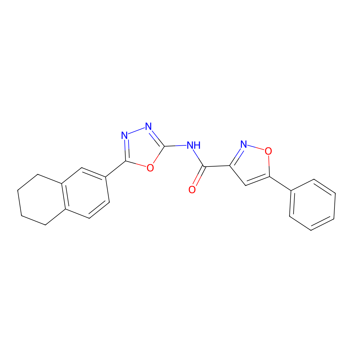 5-phenyl-N-(5-(5,6,7,8-tetrahydronaphthalen-2-yl)-1,3,4-oxadiazol-2-yl)isoxazole-3-carboxamide molecular structure, CAS 1203190-23-1