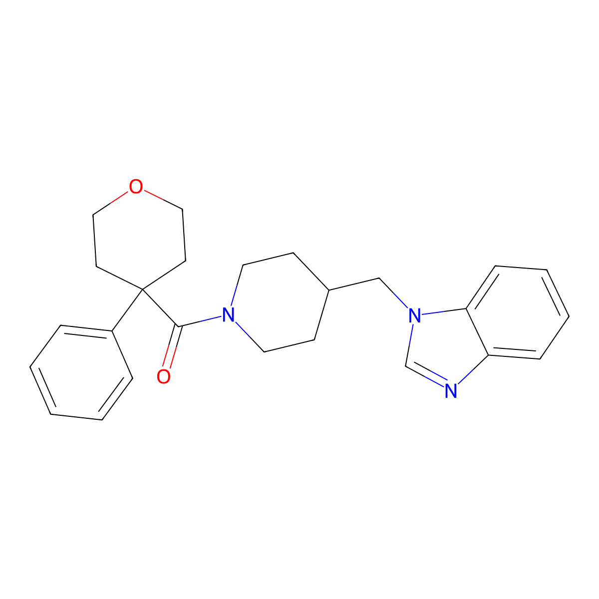 (4-((1H-benzo[d]imidazol-1-yl)methyl)piperidin-1-yl)(4-phenyltetrahydro-2H-pyran-4-yl)methanone molecular structure, CAS 1203190-52-6