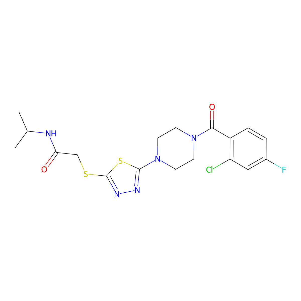 2-((5-(4-(2-chloro-4-fluorobenzoyl)piperazin-1-yl)-1,3,4-thiadiazol-2-yl)thio)-N-isopropylacetamide molecular structure, CAS 1203191-90-5