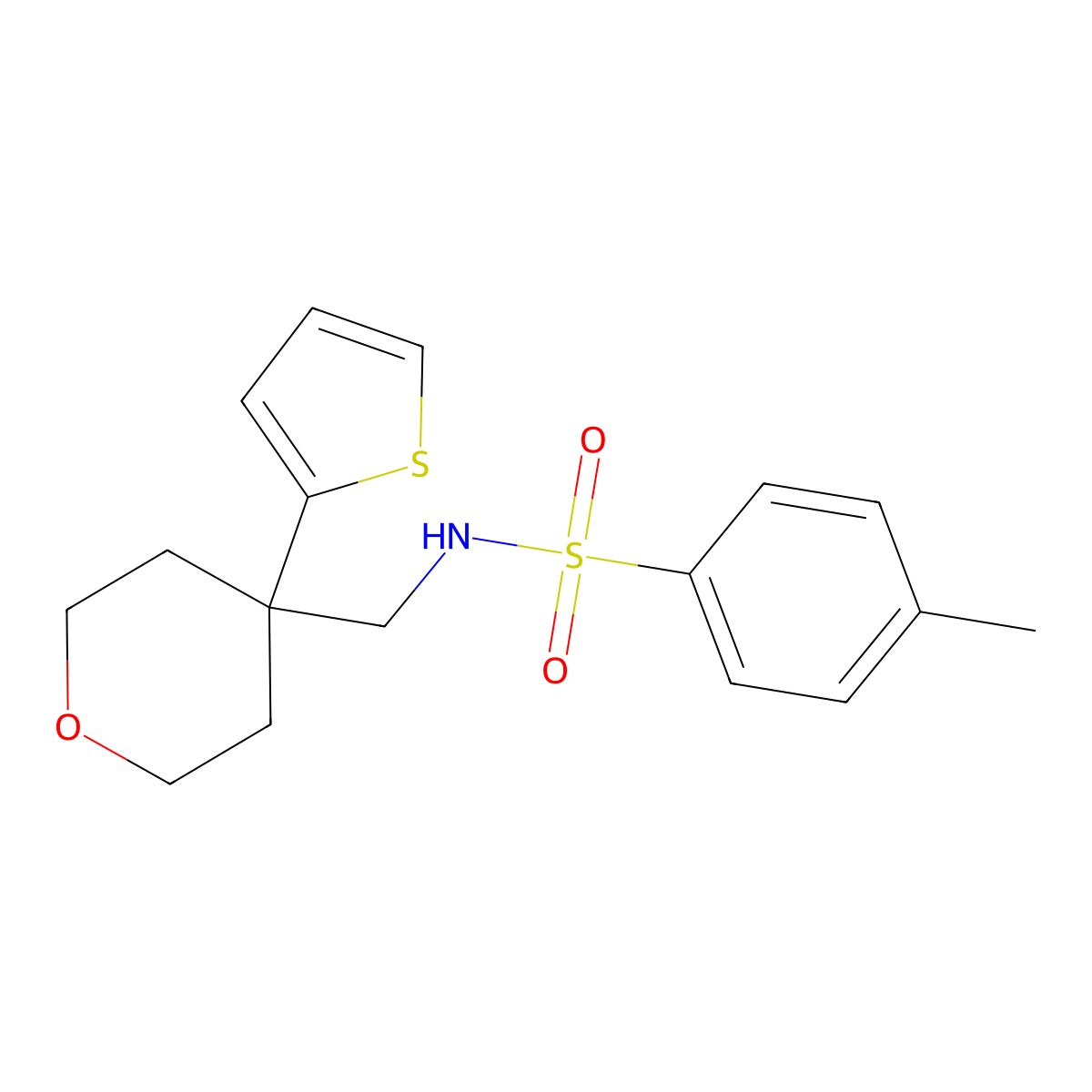 4-methyl-N-((4-(thiophen-2-yl)tetrahydro-2H-pyran-4-yl)methyl)benzenesulfonamide molecular structure, CAS 1203192-01-1