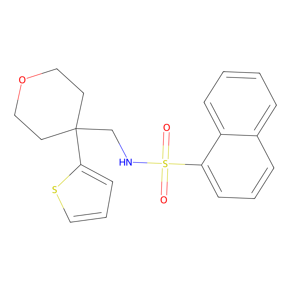 N-((4-(thiophen-2-yl)tetrahydro-2H-pyran-4-yl)methyl)naphthalene-1-sulfonamide molecular structure, CAS 1203194-20-0