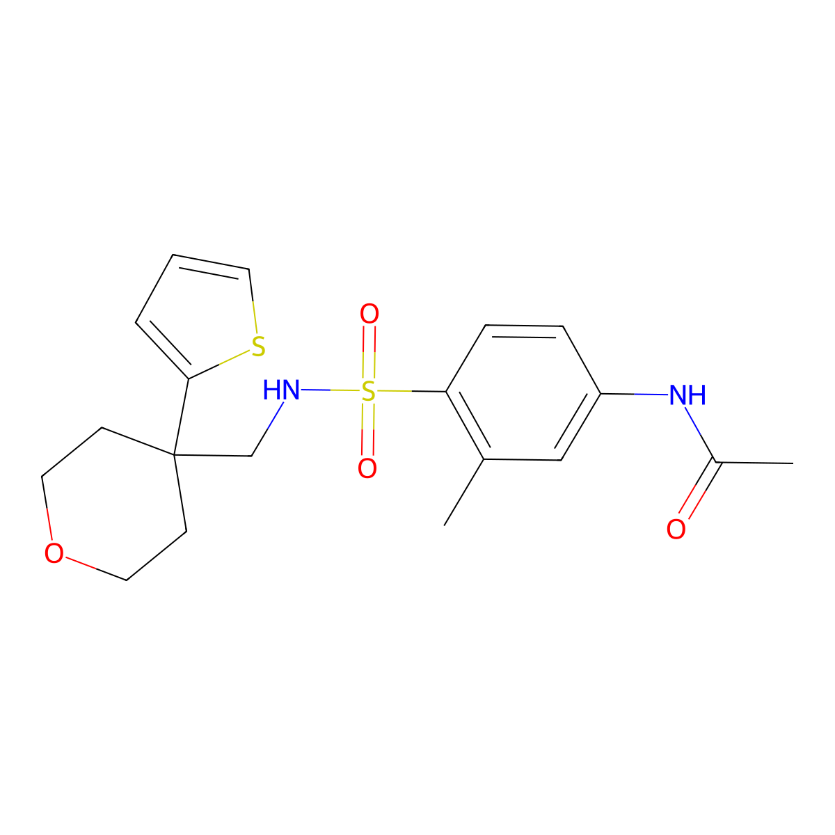 N-(3-methyl-4-(N-((4-(thiophen-2-yl)tetrahydro-2H-pyran-4-yl)methyl)sulfamoyl)phenyl)acetamide molecular structure, CAS 1203194-48-2