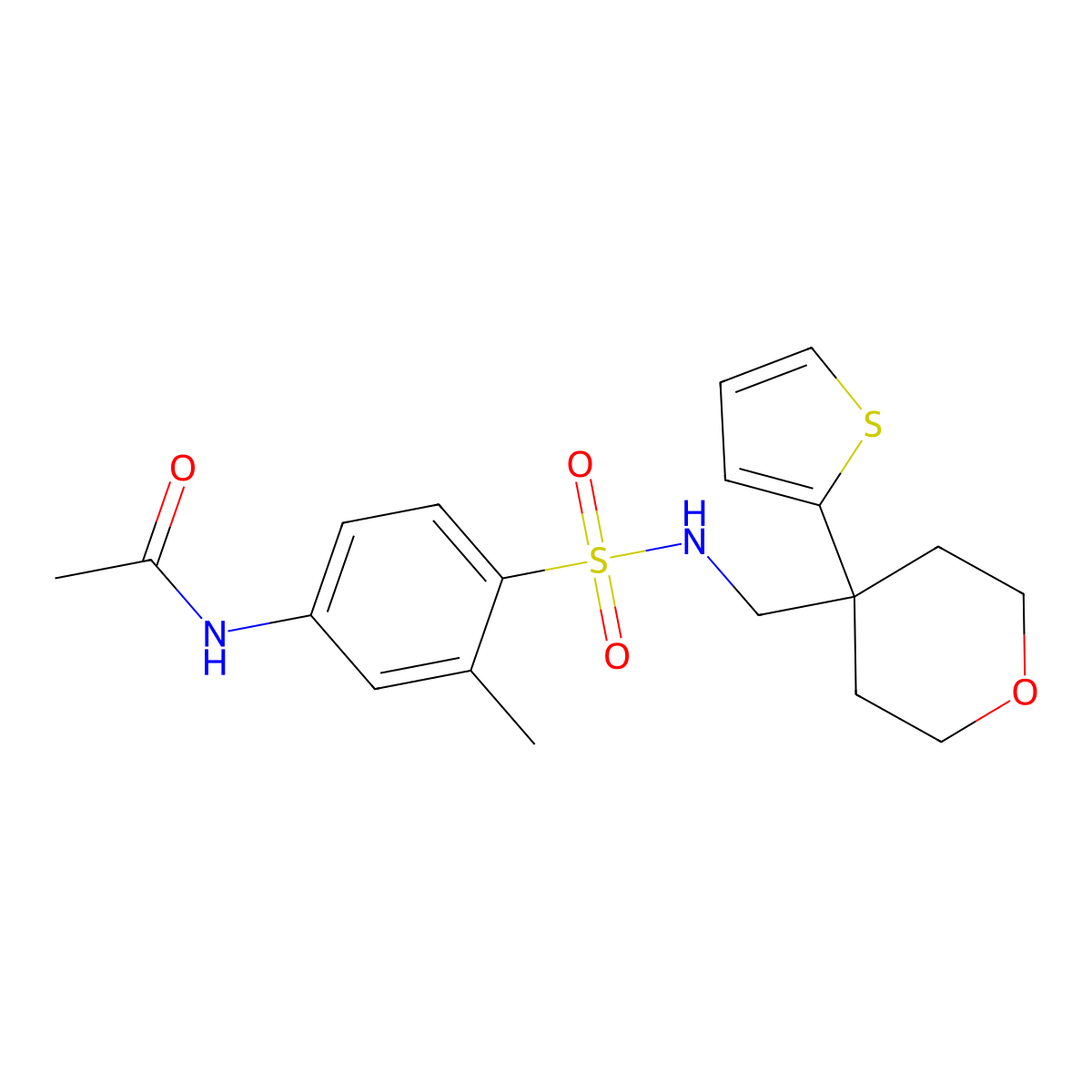 N-(3-methyl-4-(N-((4-(thiophen-2-yl)tetrahydro-2H-pyran-4-yl)methyl)sulfamoyl)phenyl)acetamide molecular structure, CAS 1203194-48-2