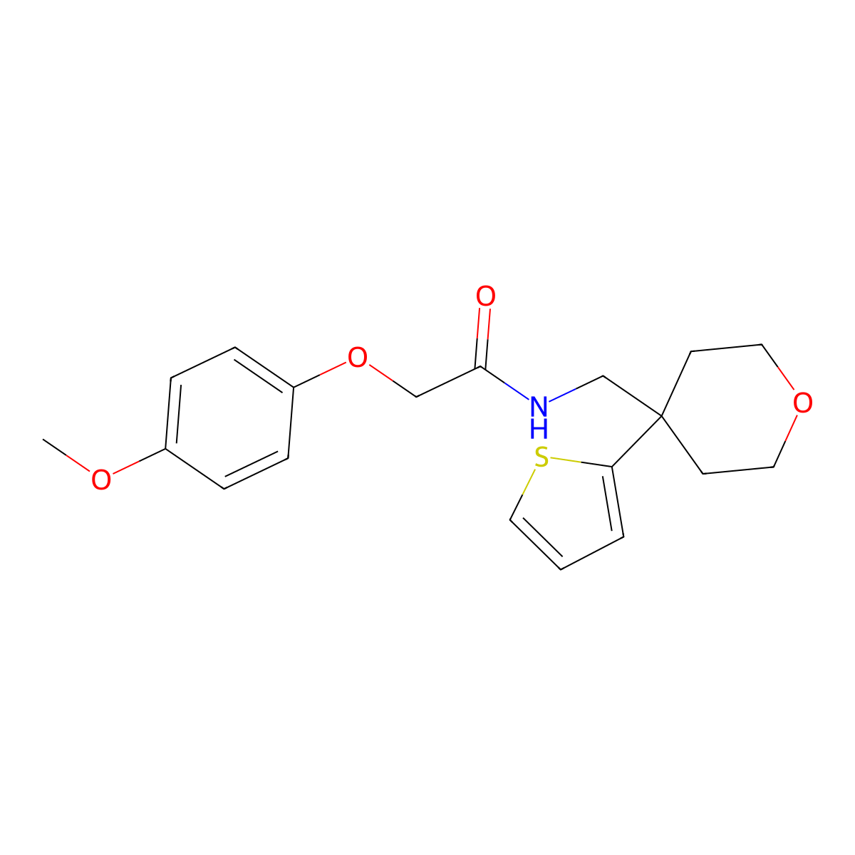 2-(4-methoxyphenoxy)-N-((4-(thiophen-2-yl)tetrahydro-2H-pyran-4-yl)methyl)acetamide molecular structure, CAS 1203195-57-6