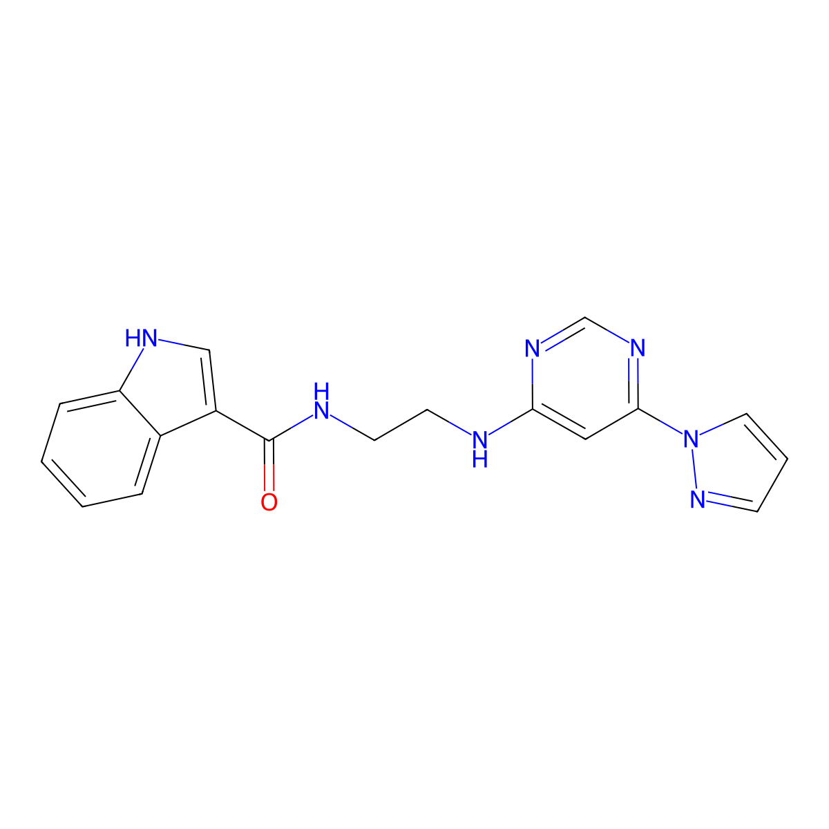 N-(2-((6-(1H-pyrazol-1-yl)pyrimidin-4-yl)amino)ethyl)-1H-indole-3-carboxamide molecular structure, CAS 1203196-27-3
