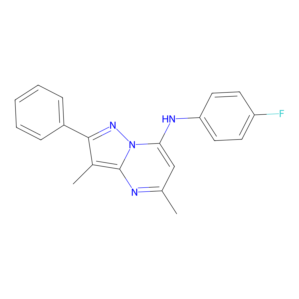 N-(4-fluorophenyl)-3,5-dimethyl-2-phenylpyrazolo[1,5-a]pyrimidin-7-amine molecular structure, CAS 1203196-85-3