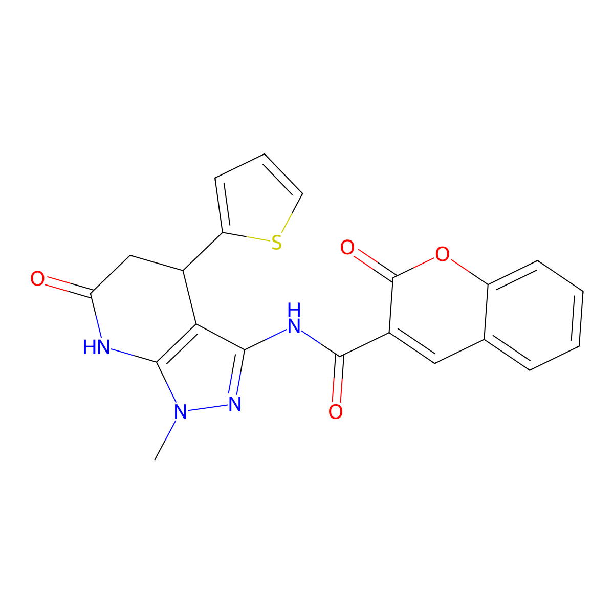 N-(1-methyl-6-oxo-4-(thiophen-2-yl)-4,5,6,7-tetrahydro-1H-pyrazolo[3,4-b]pyridin-3-yl)-2-oxo-2H-chromene-3-carboxamide molecular structure, CAS 1203198-18-8