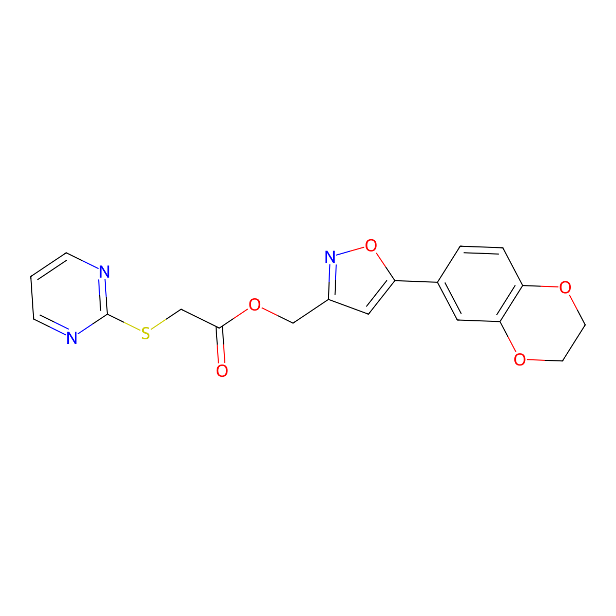 (5-(2,3-Dihydrobenzo[b][1,4]dioxin-6-yl)isoxazol-3-yl)methyl 2-(pyrimidin-2-ylthio)acetate molecular structure, CAS 1203198-89-3