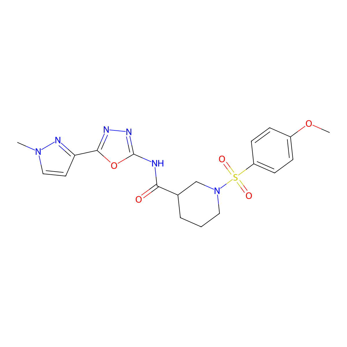 1-((4-methoxyphenyl)sulfonyl)-N-(5-(1-methyl-1H-pyrazol-3-yl)-1,3,4-oxadiazol-2-yl)piperidine-3-carboxamide molecular structure, CAS 1203199-42-1