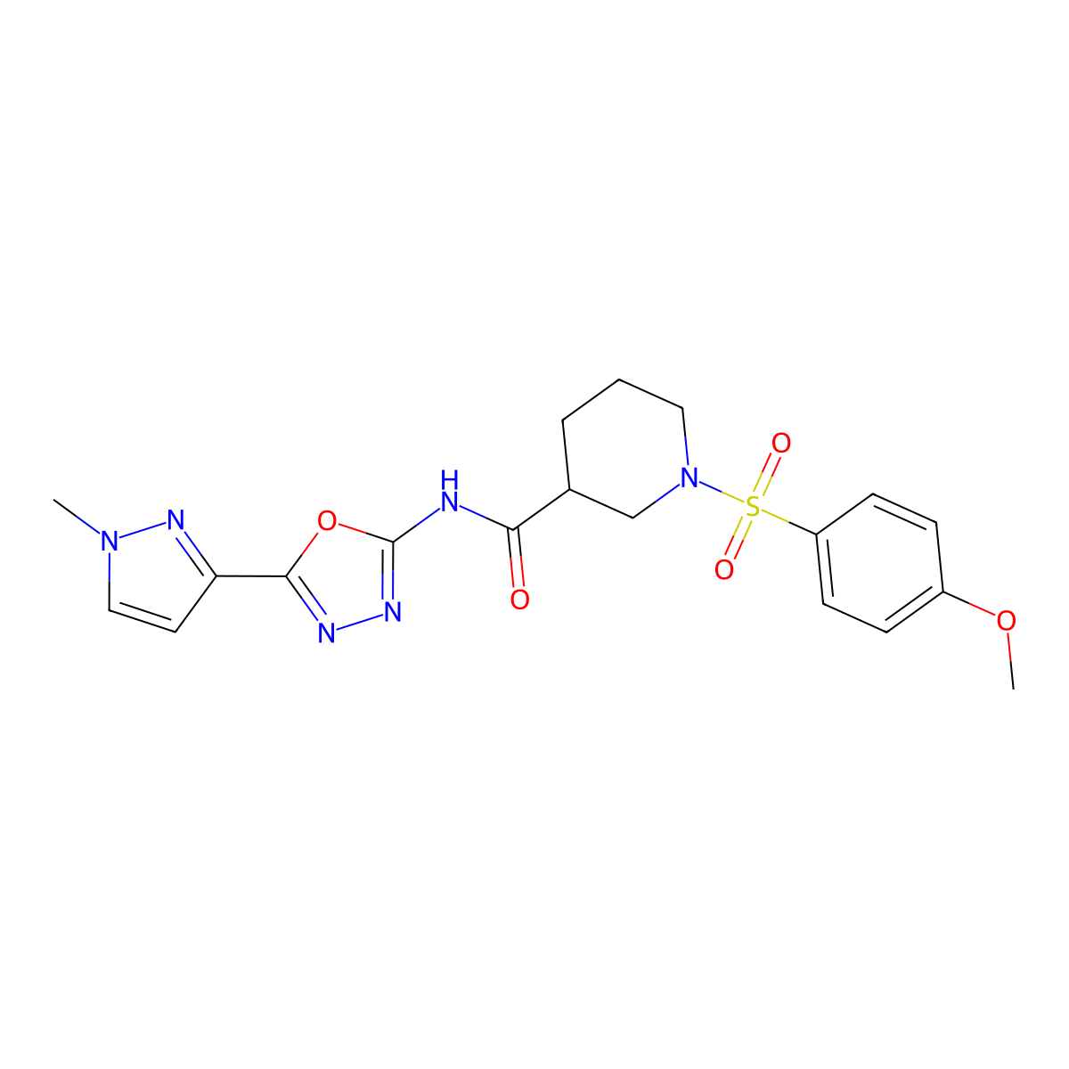 1-((4-methoxyphenyl)sulfonyl)-N-(5-(1-methyl-1H-pyrazol-3-yl)-1,3,4-oxadiazol-2-yl)piperidine-3-carboxamide molecular structure, CAS 1203199-42-1