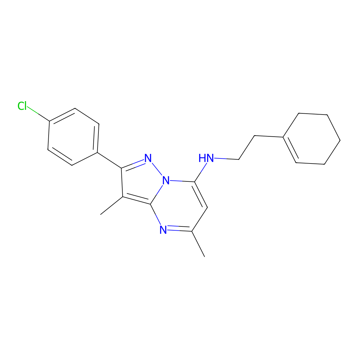 2-(4-chlorophenyl)-N-[2-(cyclohex-1-en-1-yl)ethyl]-3,5-dimethylpyrazolo[1,5-a]pyrimidin-7-amine molecular structure, CAS 1203199-74-9