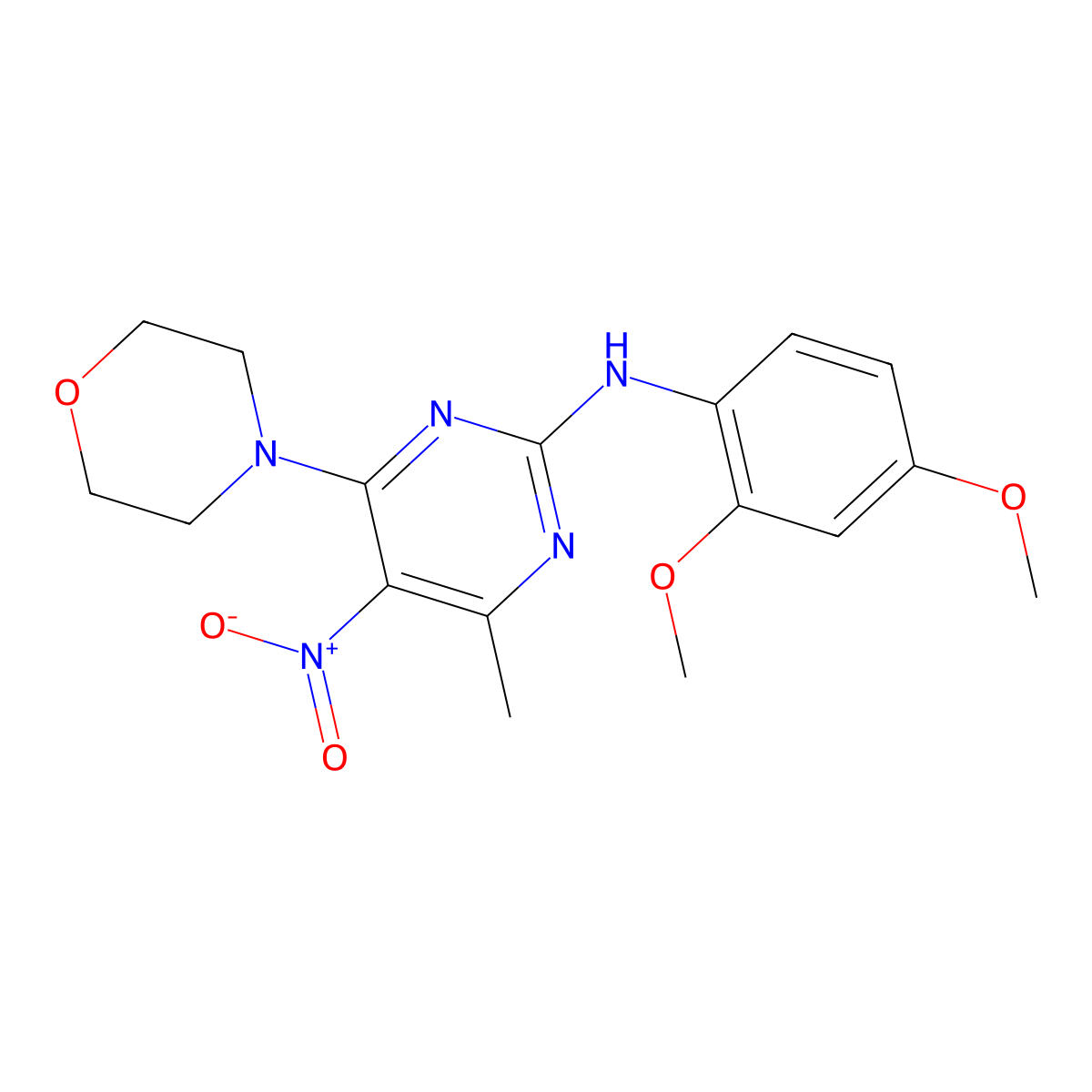 N-(2,4-dimethoxyphenyl)-4-methyl-6-(morpholin-4-yl)-5-nitropyrimidin-2-amine molecular structure, CAS 1203205-72-4