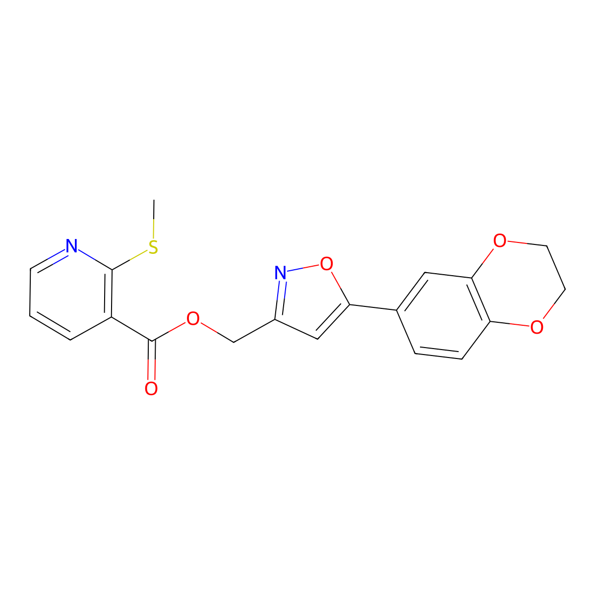 (5-(2,3-Dihydrobenzo[b][1,4]dioxin-6-yl)isoxazol-3-yl)methyl 2-(methylthio)nicotinate molecular structure, CAS 1203206-29-4