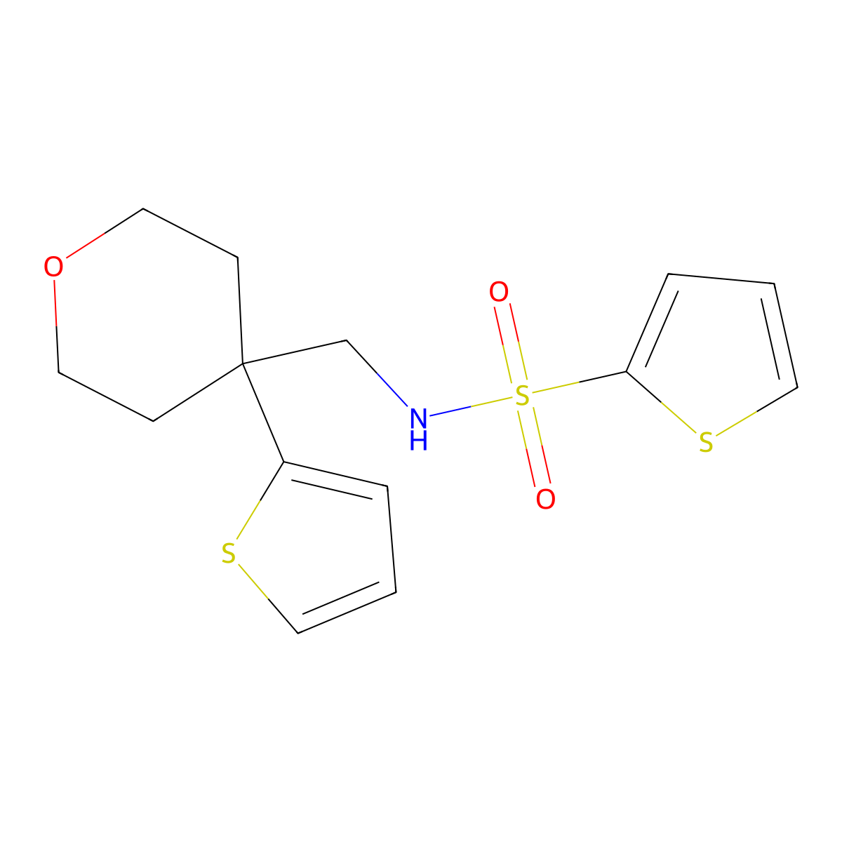 N-((4-(thiophen-2-yl)tetrahydro-2H-pyran-4-yl)methyl)thiophene-2-sulfonamide molecular structure, CAS 1203206-40-9