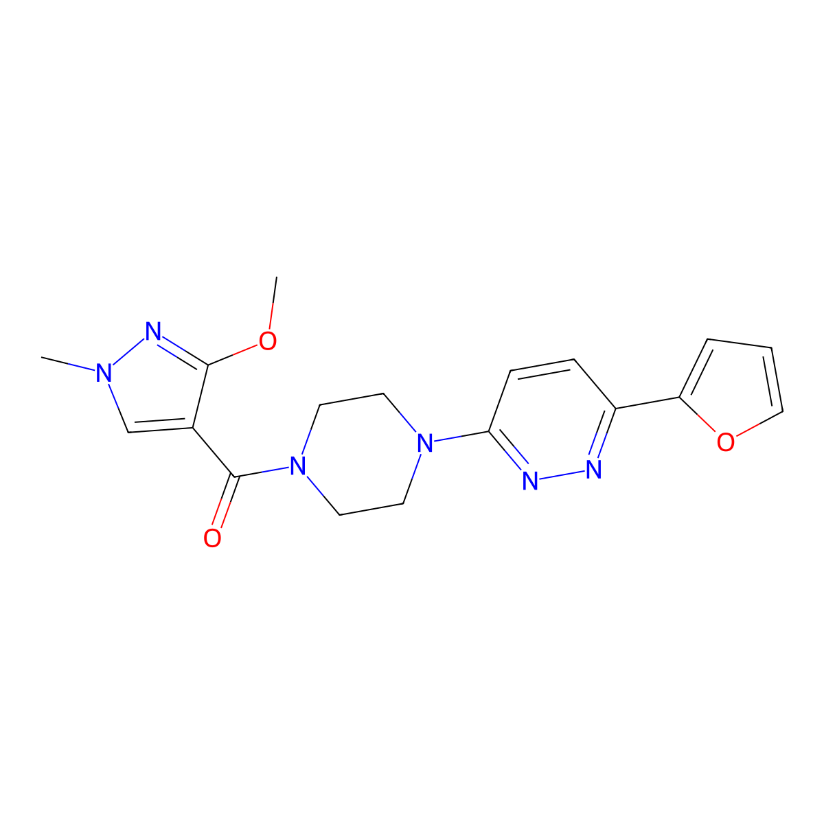 (4-(6-(furan-2-yl)pyridazin-3-yl)piperazin-1-yl)(3-methoxy-1-methyl-1H-pyrazol-4-yl)methanone molecular structure, CAS 1203206-58-9