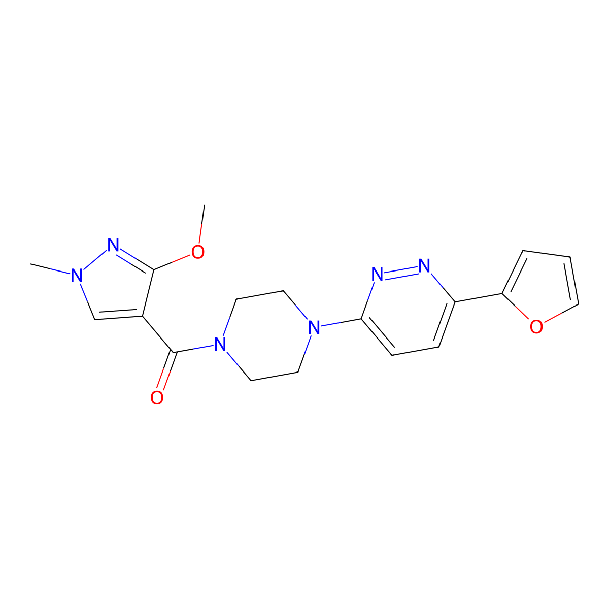 (4-(6-(furan-2-yl)pyridazin-3-yl)piperazin-1-yl)(3-methoxy-1-methyl-1H-pyrazol-4-yl)methanone molecular structure, CAS 1203206-58-9