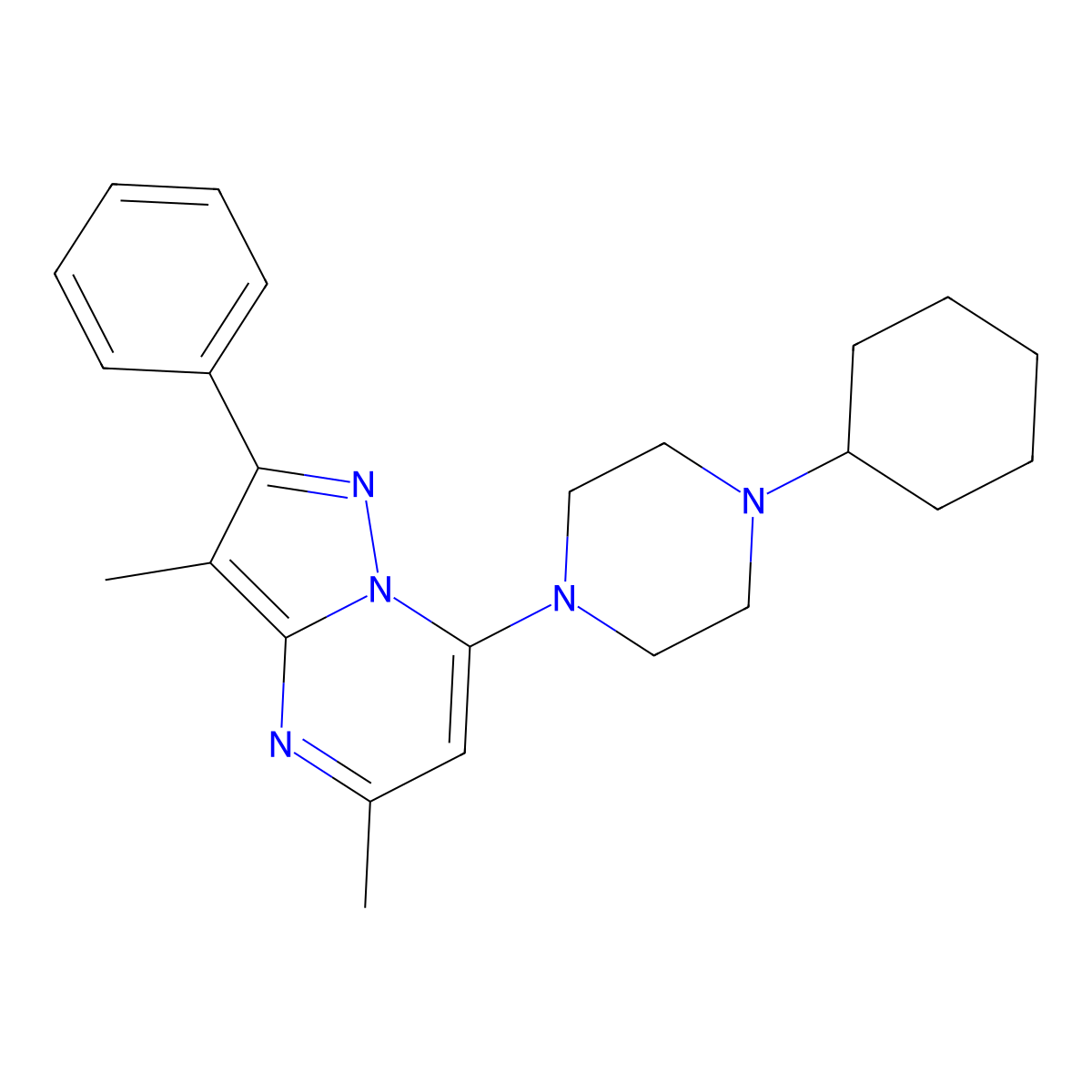 1-Cyclohexyl-4-{3,5-dimethyl-2-phenylpyrazolo[1,5-a]pyrimidin-7-yl}piperazine molecular structure, CAS 1203207-18-4