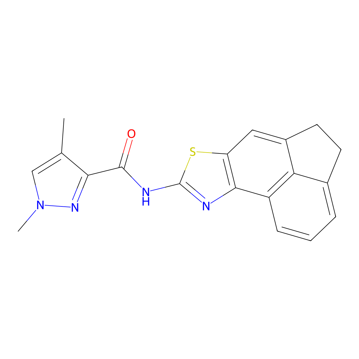 1,4-dimethyl-N-{5-thia-3-azatetracyclo[6.6.1.0^{2,6}.0^{11,15}]pentadeca-1(15),2(6),3,7,11,13-hexaen-4-yl}-1H-pyrazole-3-carboxamide molecular structure, CAS 1203210-95-0