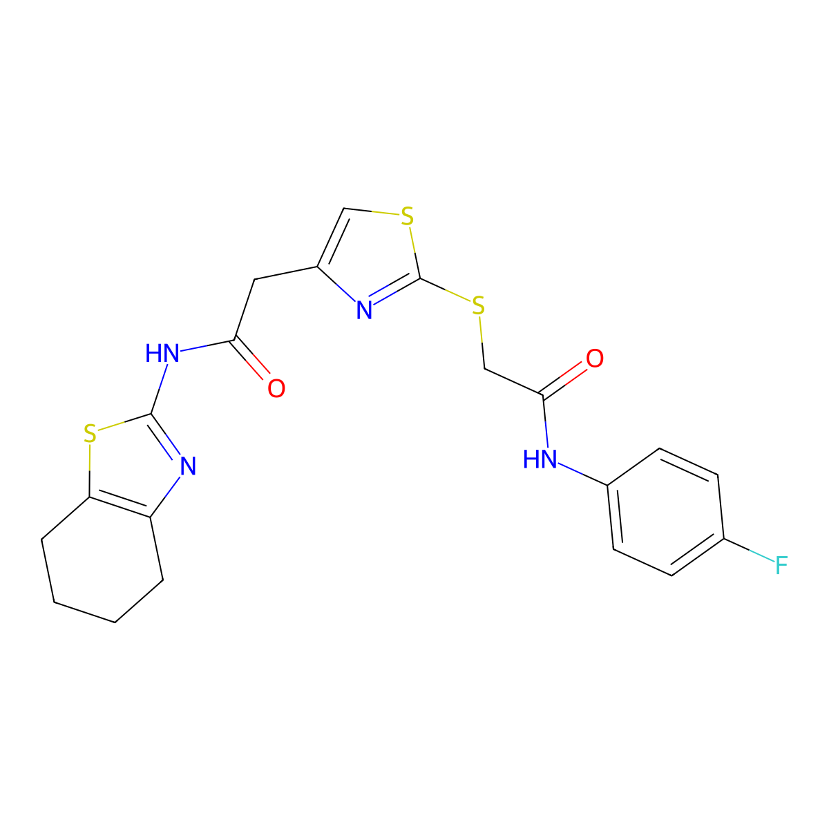 N-(4-fluorophenyl)-2-((4-(2-oxo-2-((4,5,6,7-tetrahydrobenzo[d]thiazol-2-yl)amino)ethyl)thiazol-2-yl)thio)acetamide molecular structure, CAS 1203212-42-3