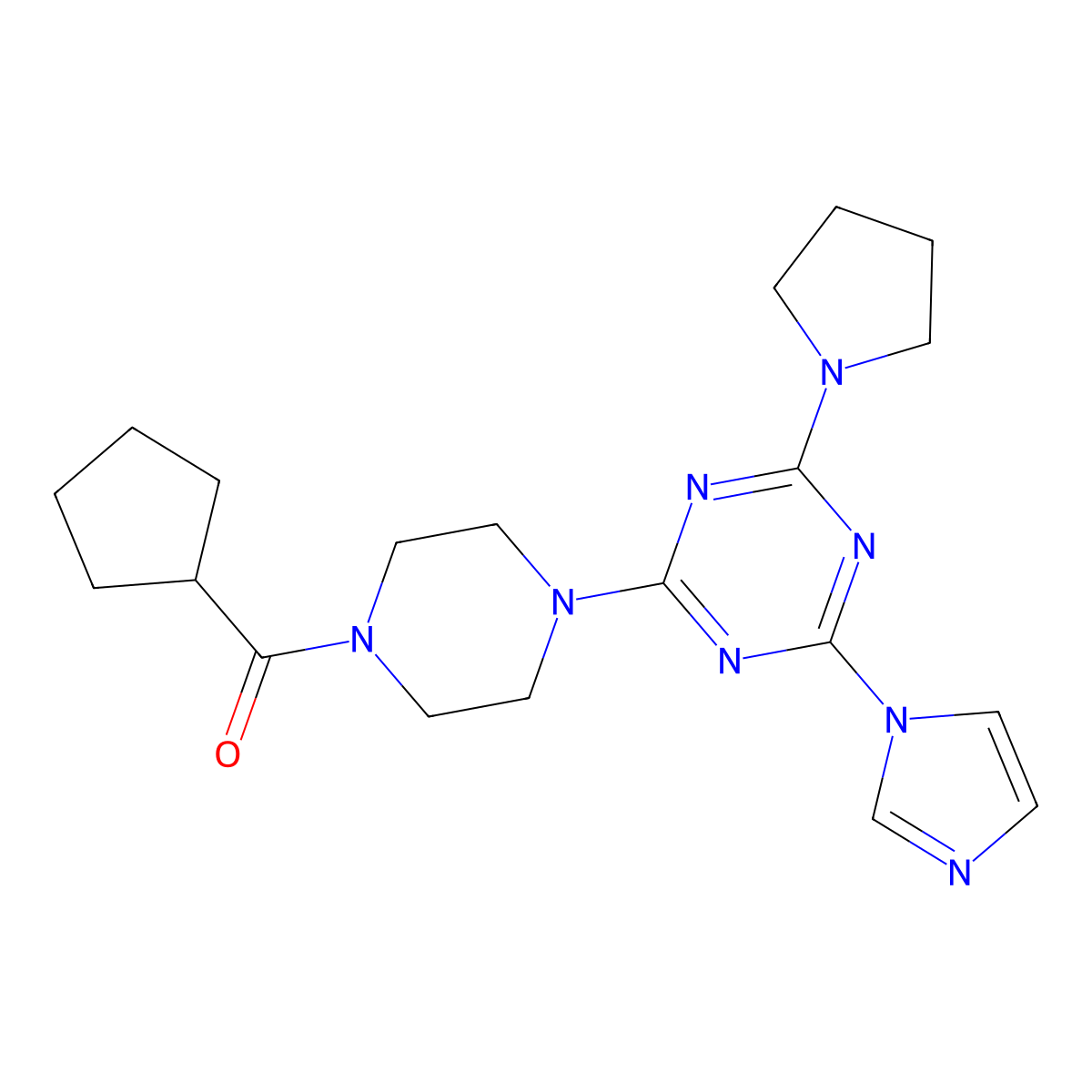(4-(4-(1H-imidazol-1-yl)-6-(pyrrolidin-1-yl)-1,3,5-triazin-2-yl)piperazin-1-yl)(cyclopentyl)methanone molecular structure, CAS 1203212-84-3
