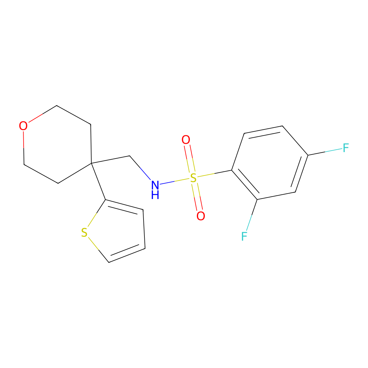 2,4-difluoro-N-((4-(thiophen-2-yl)tetrahydro-2H-pyran-4-yl)methyl)benzenesulfonamide molecular structure, CAS 1203215-43-3