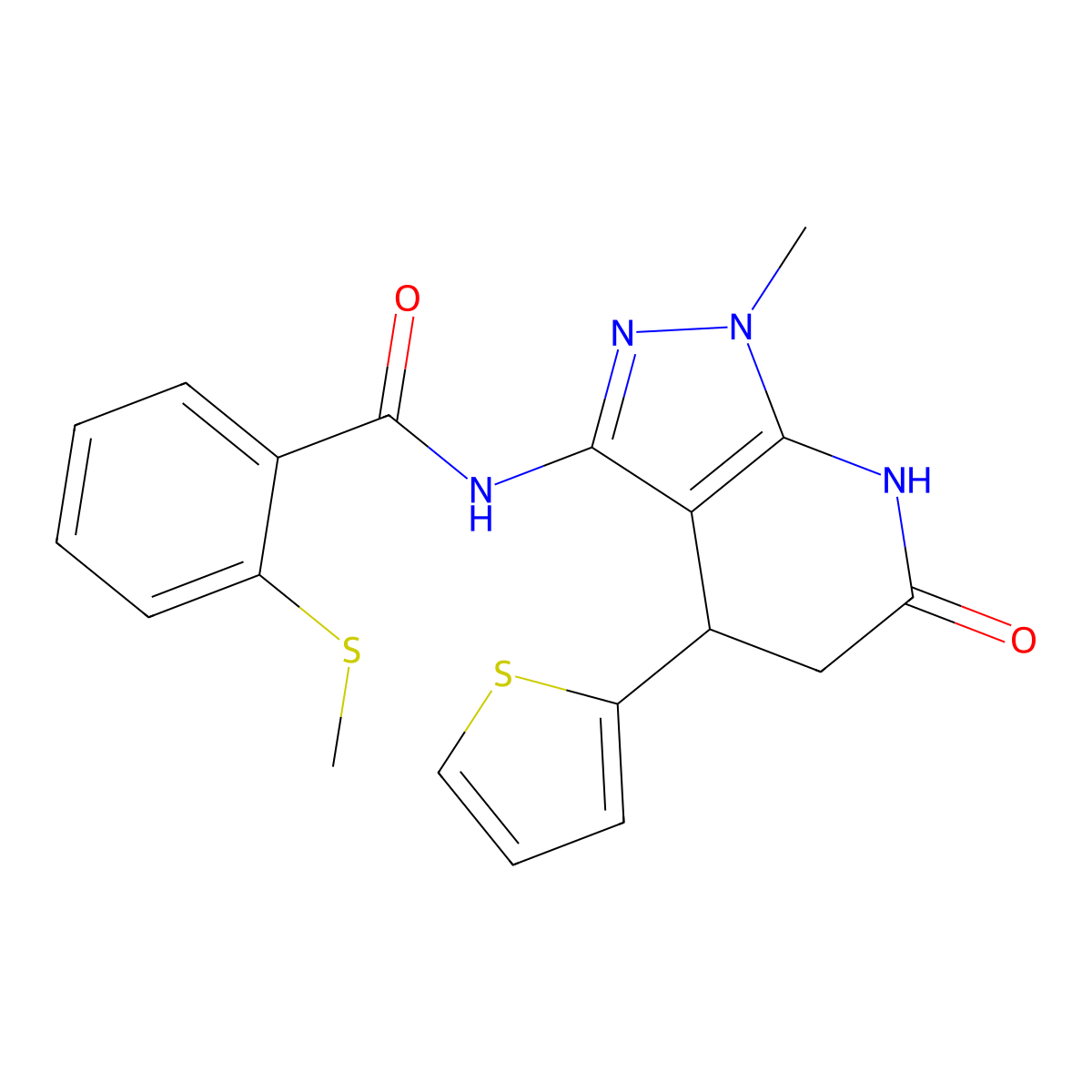 N-(1-methyl-6-oxo-4-(thiophen-2-yl)-4,5,6,7-tetrahydro-1H-pyrazolo[3,4-b]pyridin-3-yl)-2-(methylthio)benzamide molecular structure, CAS 1203222-48-3