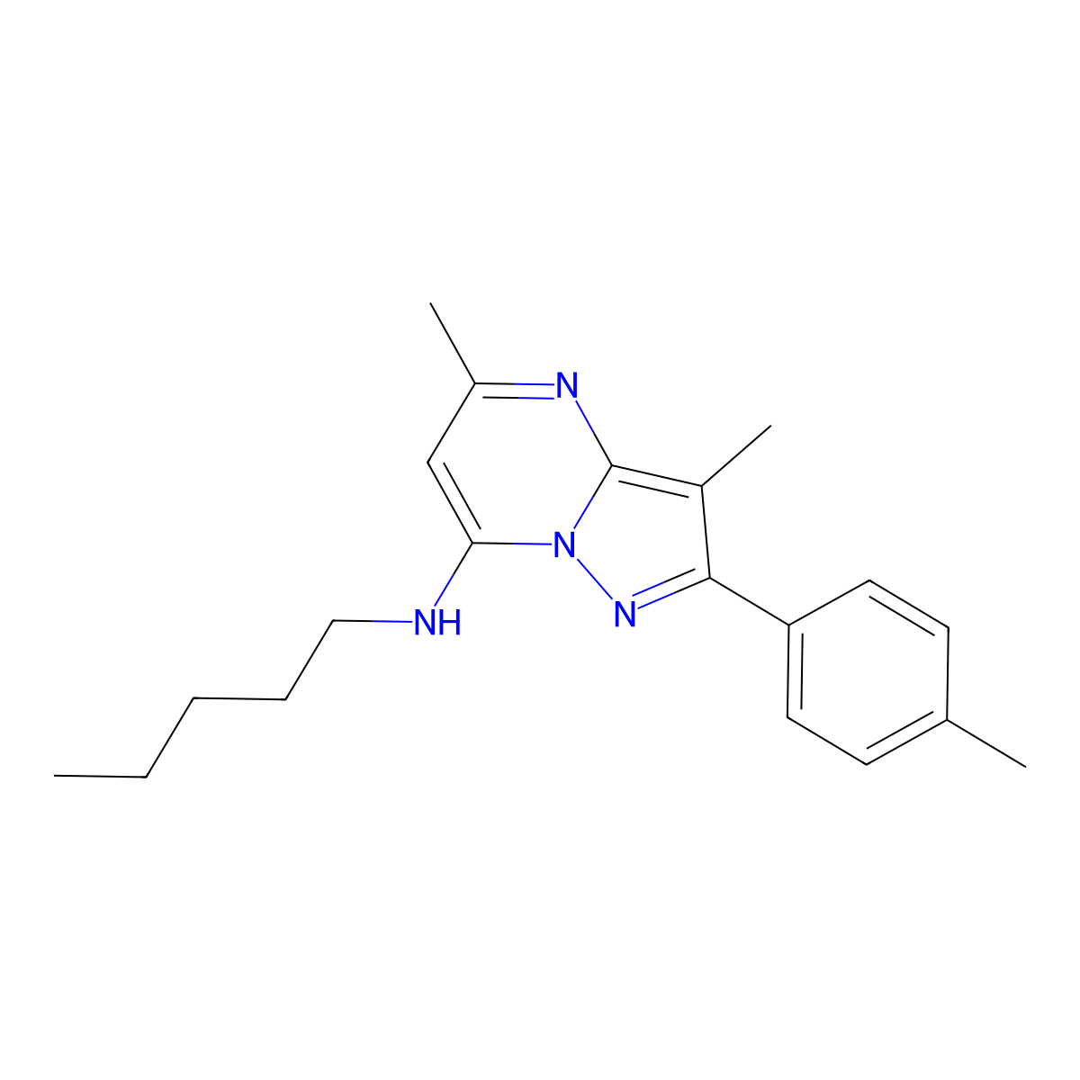 3,5-dimethyl-2-(4-methylphenyl)-N-pentylpyrazolo[1,5-a]pyrimidin-7-amine molecular structure, CAS 1203222-49-4