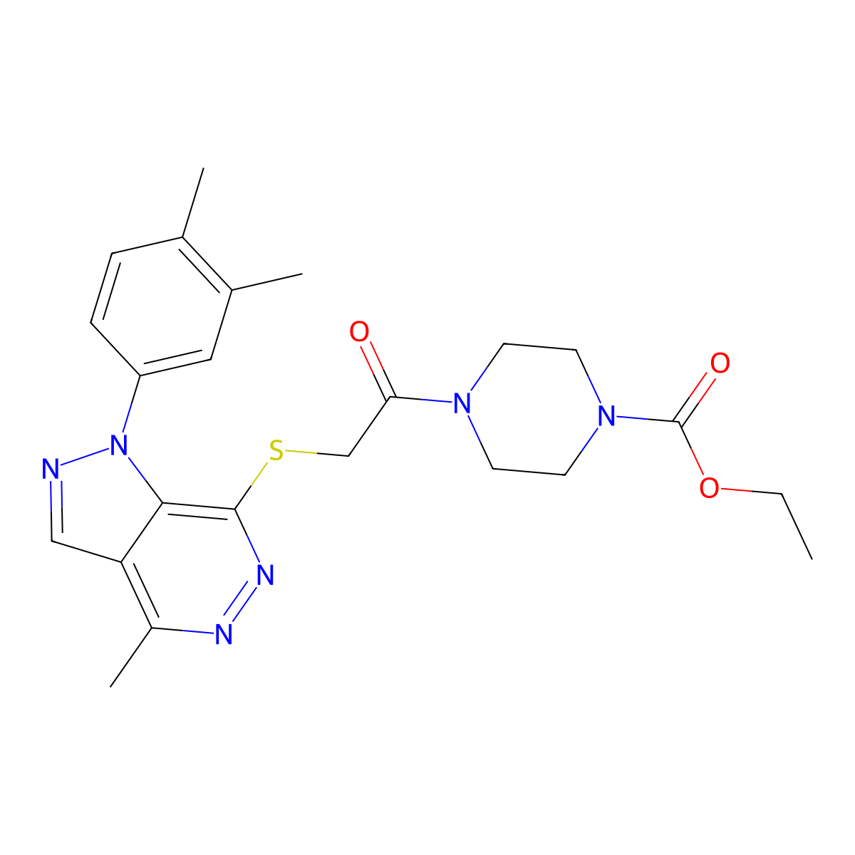 ethyl 4-(2-((1-(3,4-dimethylphenyl)-4-methyl-1H-pyrazolo[3,4-d]pyridazin-7-yl)thio)acetyl)piperazine-1-carboxylate molecular structure, CAS 1203223-01-1