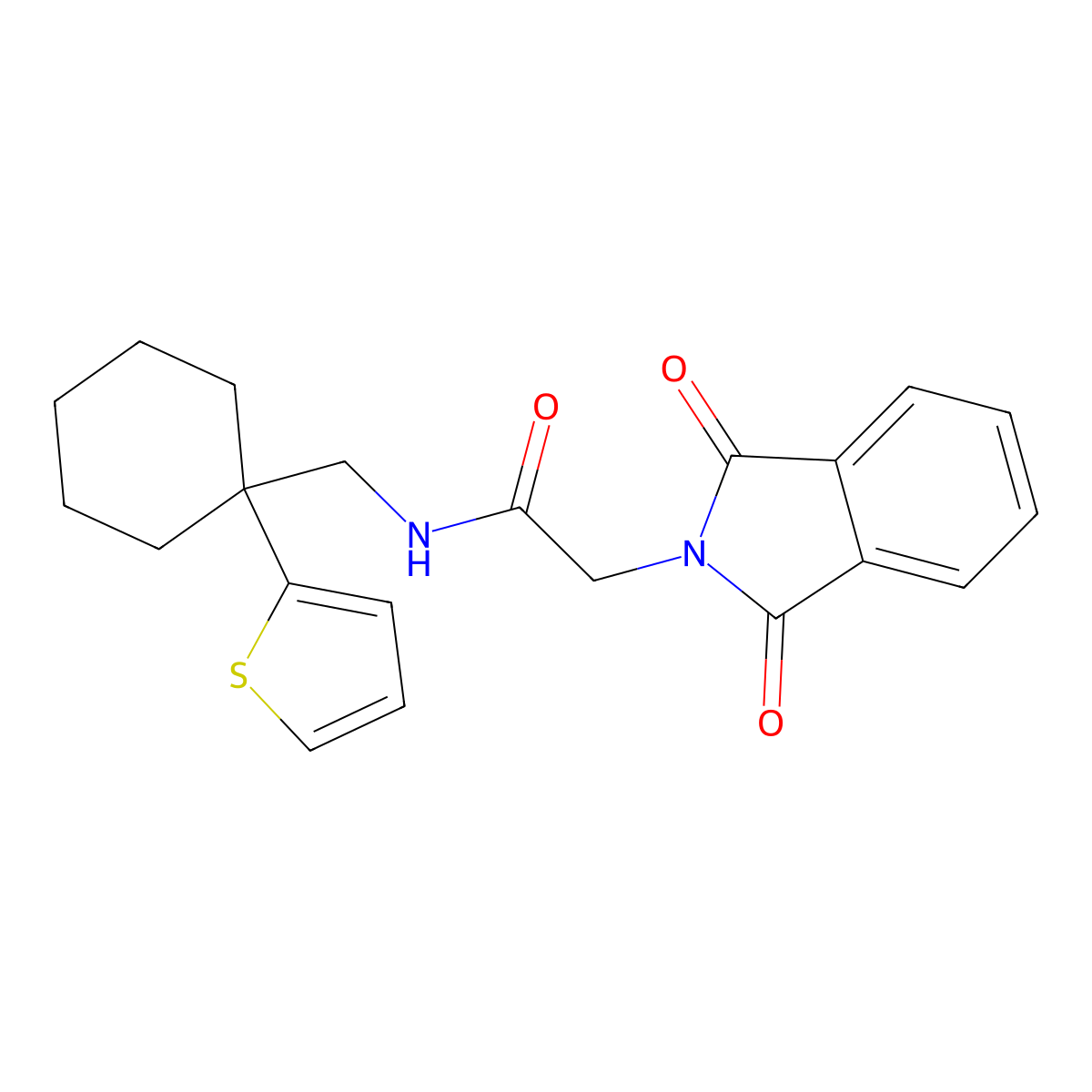 2-(1,3-dioxoisoindolin-2-yl)-N-((1-(thiophen-2-yl)cyclohexyl)methyl)acetamide molecular structure, CAS 1203224-50-3