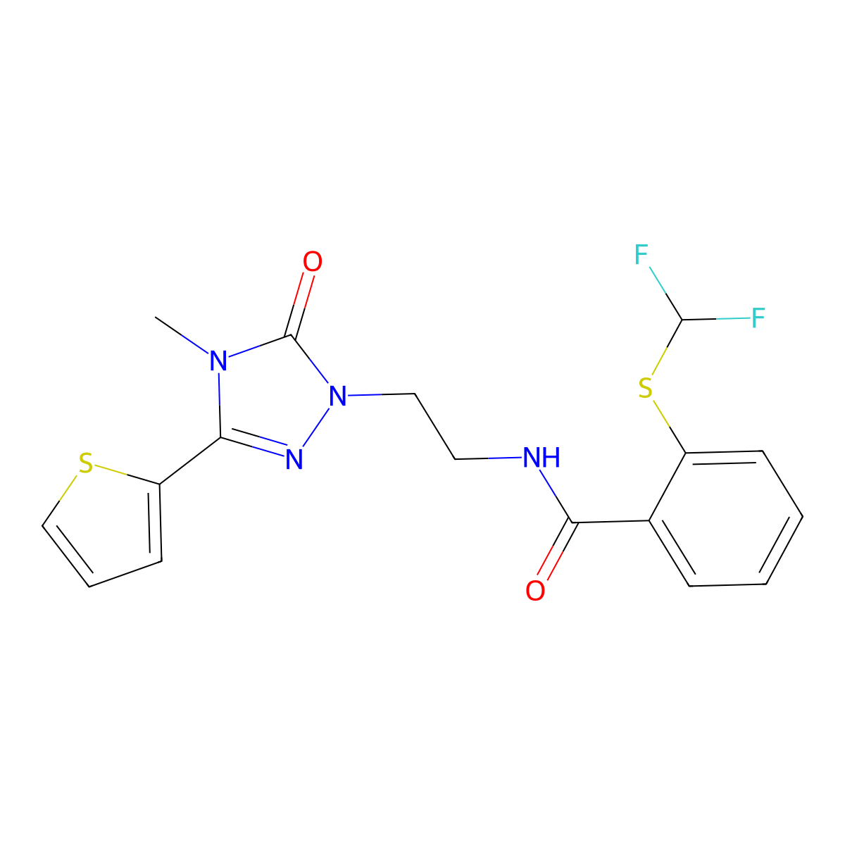 2-((difluoromethyl)thio)-N-(2-(4-methyl-5-oxo-3-(thiophen-2-yl)-4,5-dihydro-1H-1,2,4-triazol-1-yl)ethyl)benzamide molecular structure, CAS 1203225-11-9