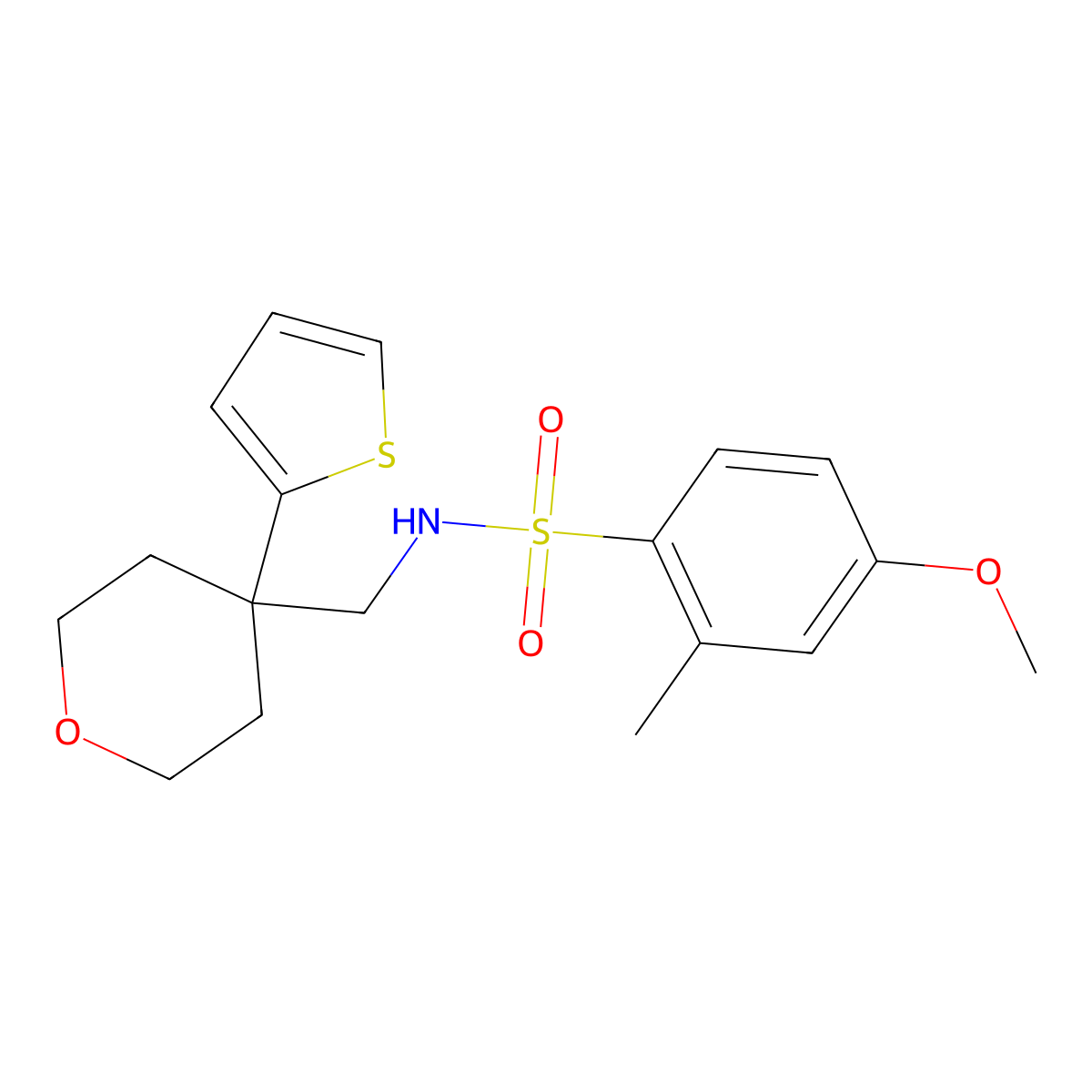 4-methoxy-2-methyl-N-((4-(thiophen-2-yl)tetrahydro-2H-pyran-4-yl)methyl)benzenesulfonamide molecular structure, CAS 1203225-74-4