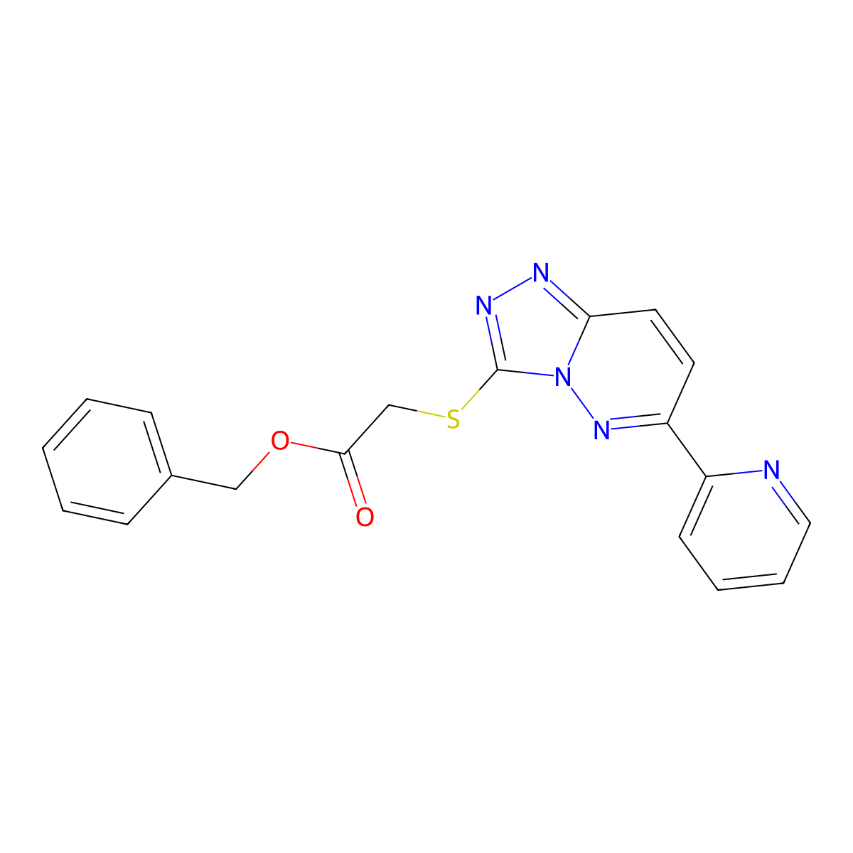 Benzyl 2-((6-(pyridin-2-yl)-[1,2,4]triazolo[4,3-b]pyridazin-3-yl)thio)acetate molecular structure, CAS 1203227-88-6