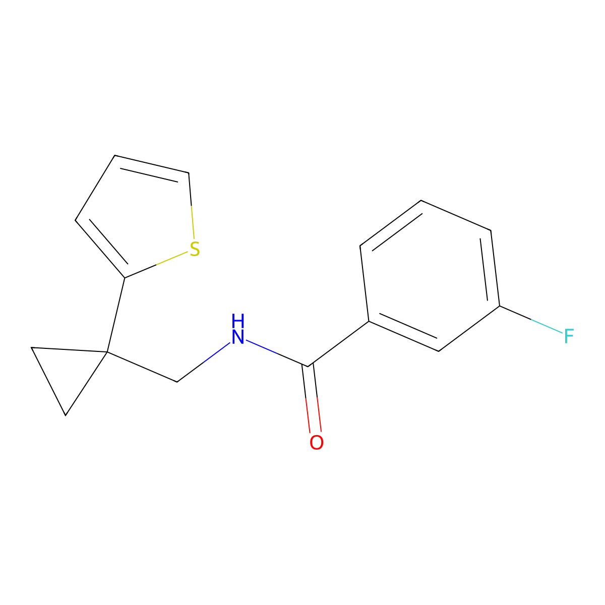 3-fluoro-N-((1-(thiophen-2-yl)cyclopropyl)methyl)benzamide molecular structure, CAS 1203228-27-6