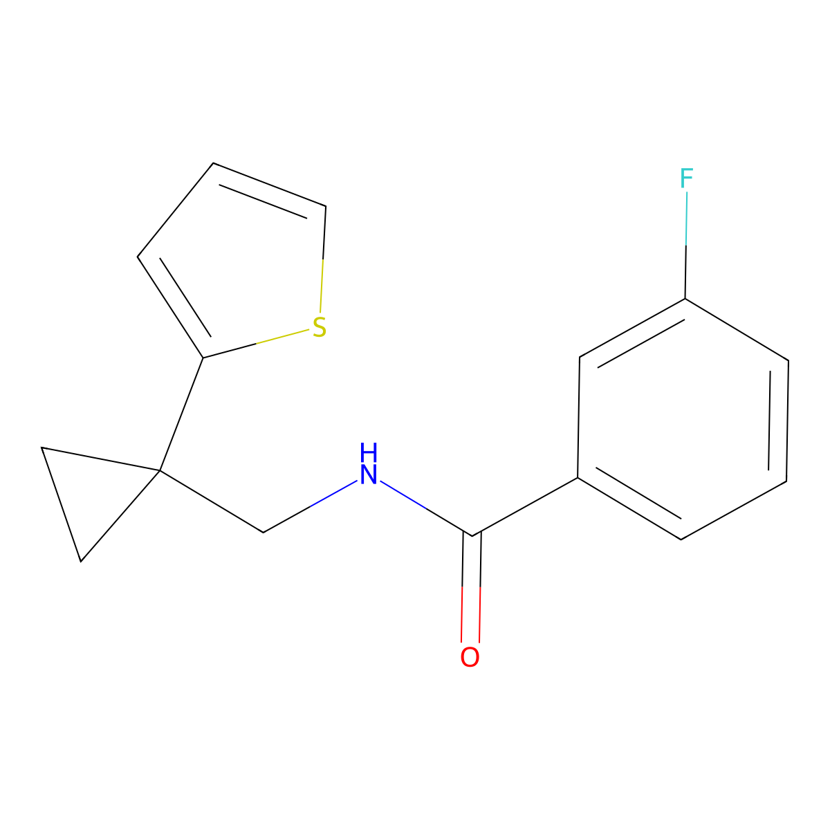 3-fluoro-N-((1-(thiophen-2-yl)cyclopropyl)methyl)benzamide molecular structure, CAS 1203228-27-6